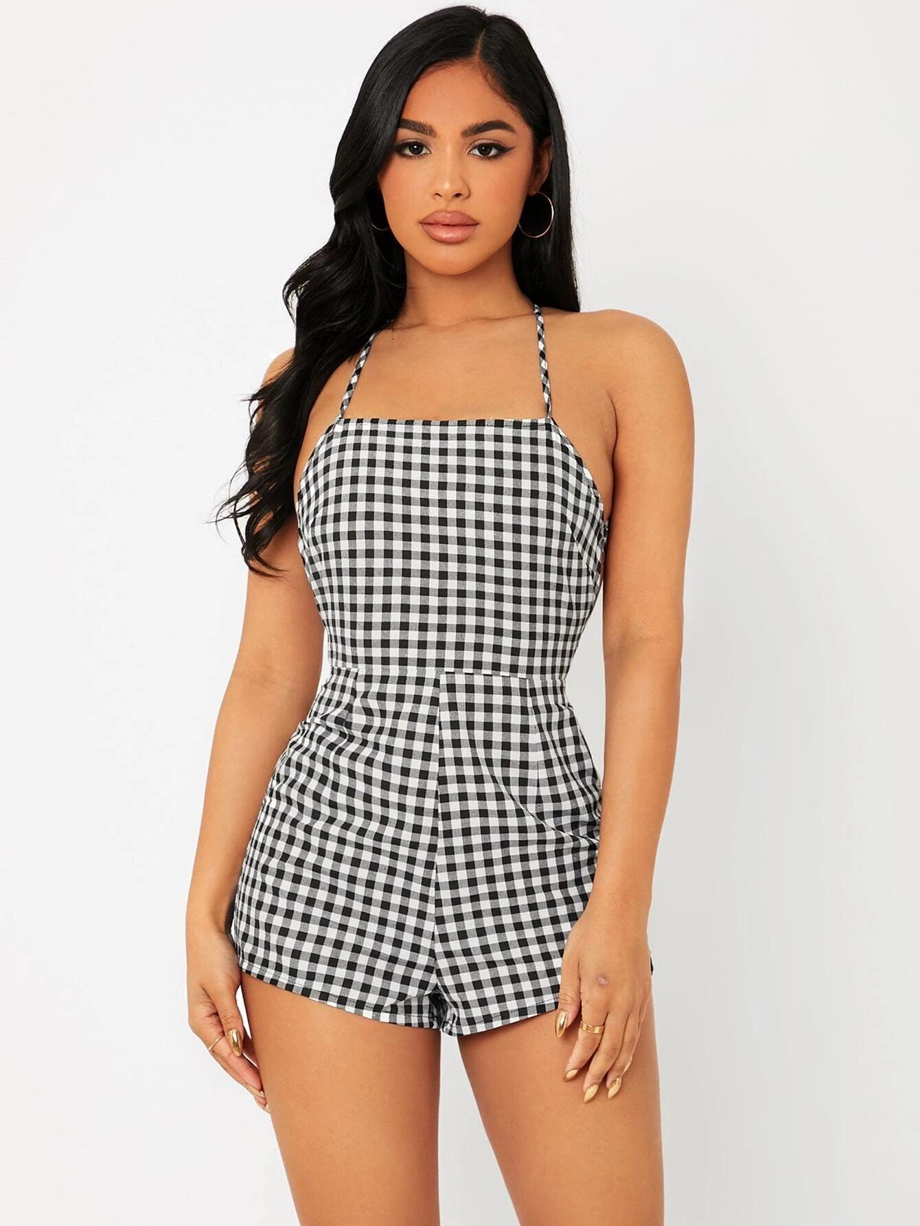 Print Lace Up Backless Slip Romper-Comfy Jumpsuits
