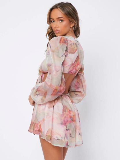Floral Print Backless Tie Front Chiffon Jumpsuit-Comfy Jumpsuits