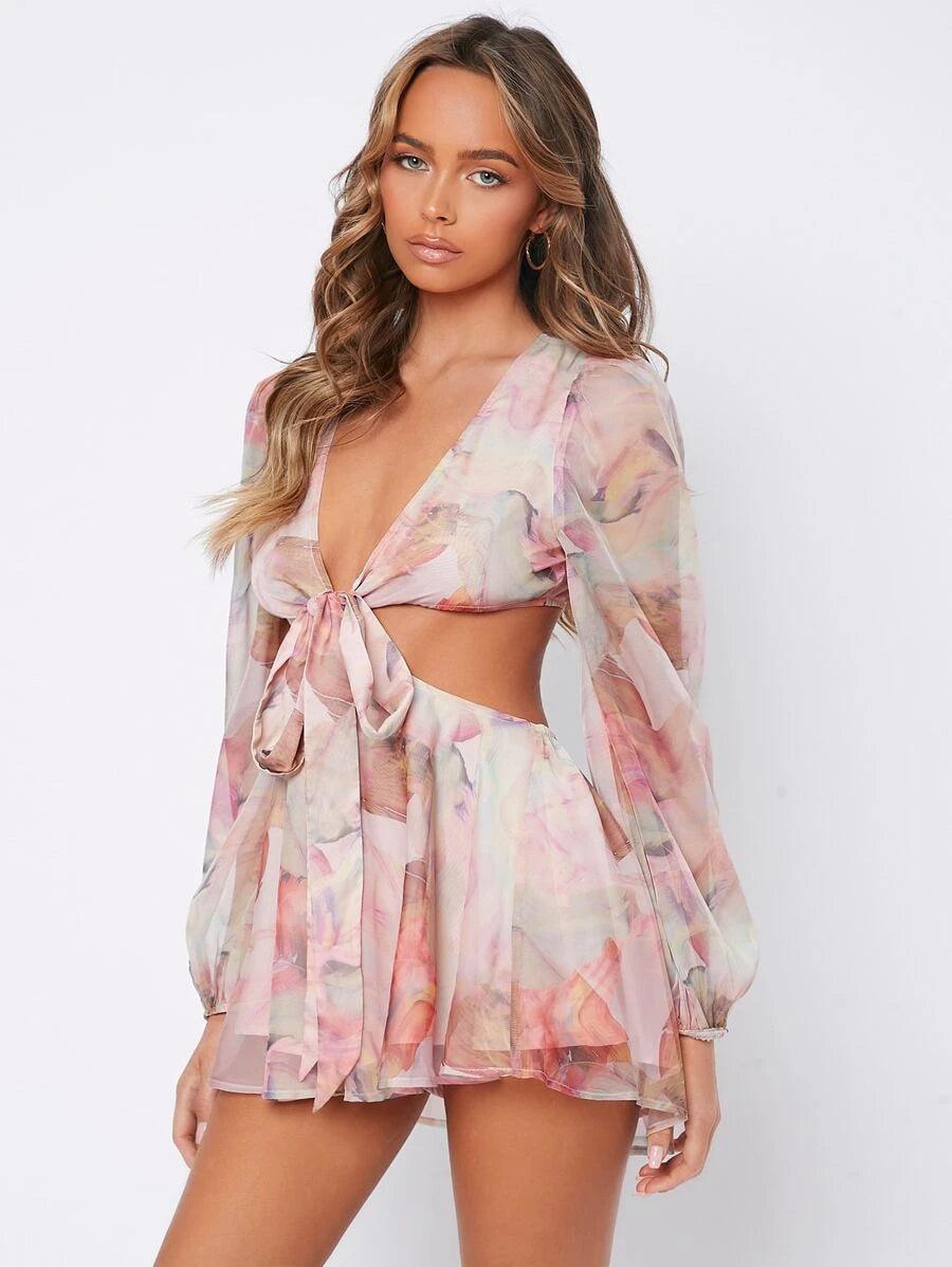 Floral Print Backless Tie Front Chiffon Jumpsuit-Comfy Jumpsuits