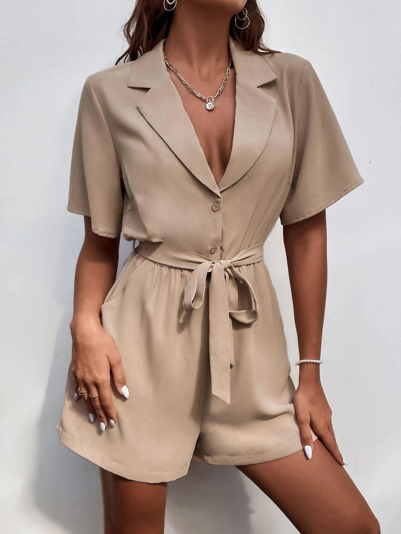 Belted Shirt Style Romper-Comfy Jumpsuits