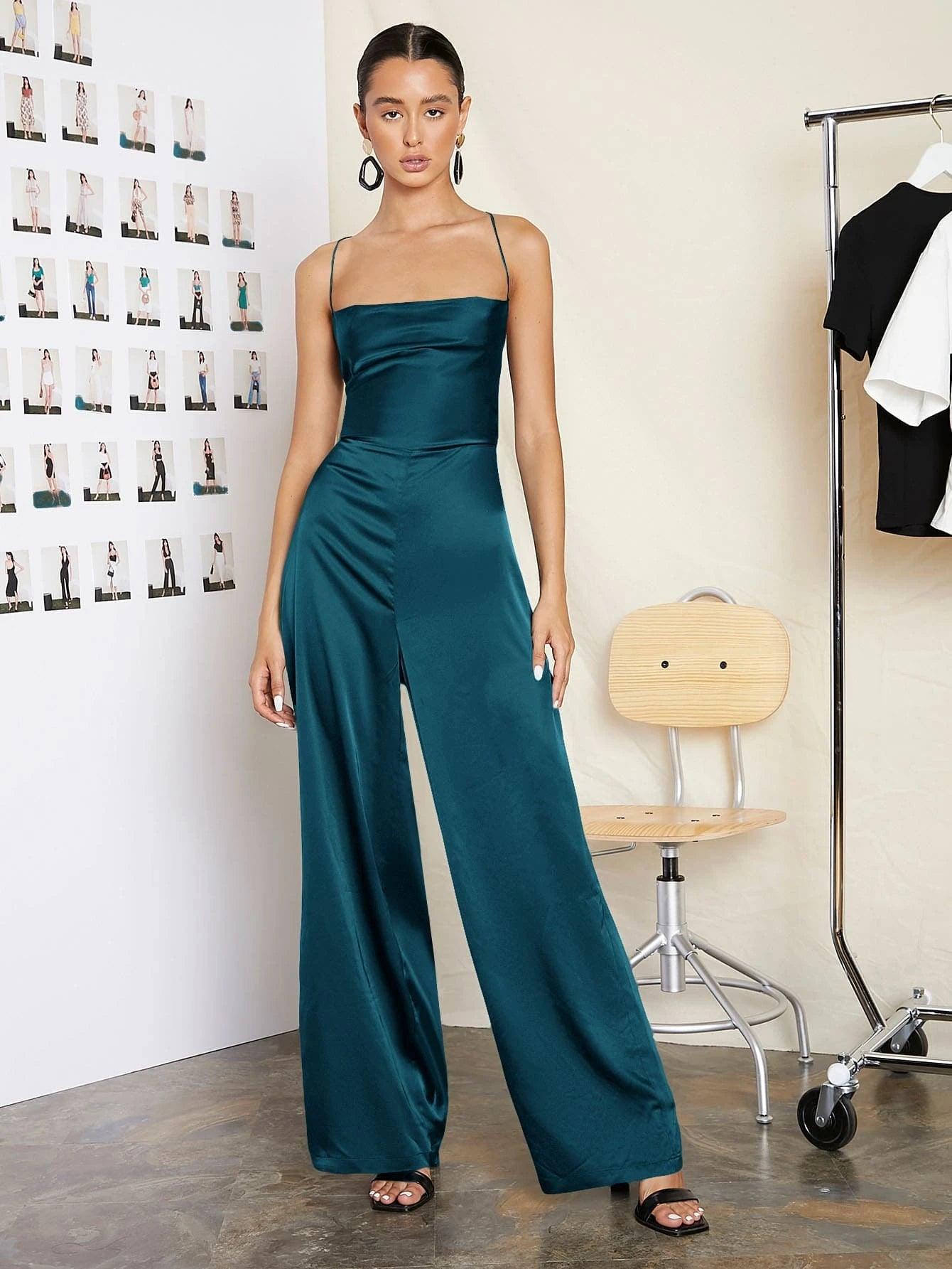 Lace Up Backless Solid Slip Jumpsuit-Comfy Jumpsuits