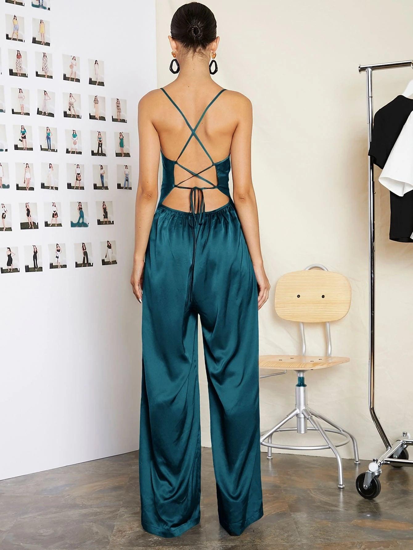 Lace Up Backless Solid Slip Jumpsuit-Comfy Jumpsuits