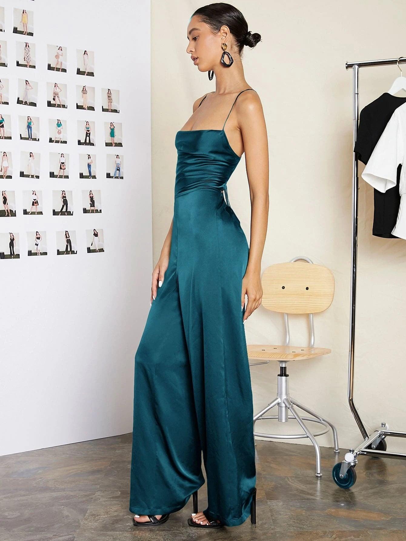 Lace Up Backless Solid Slip Jumpsuit-Comfy Jumpsuits