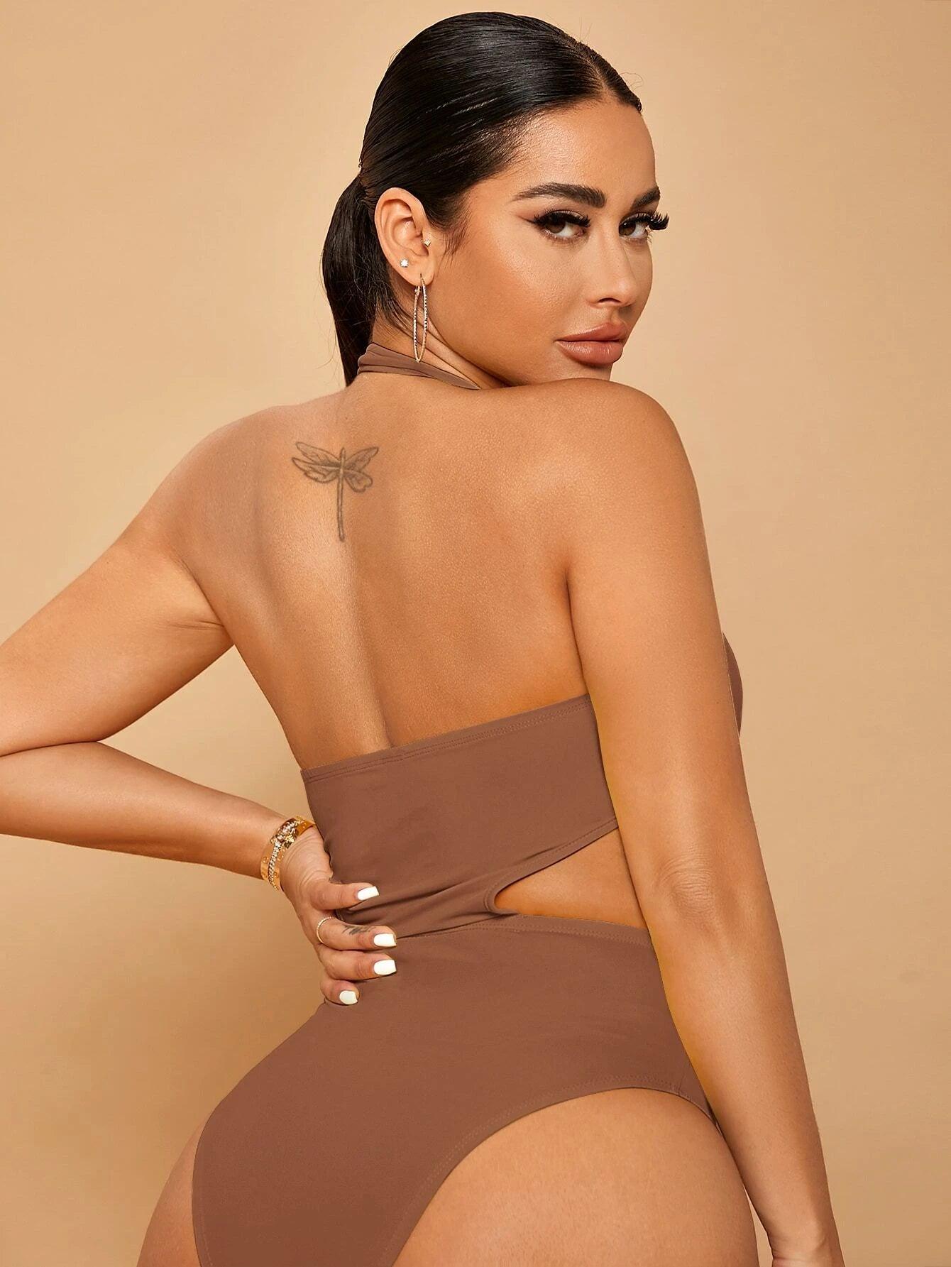 Plain Long Sleeve Halter Bodysuit-Comfy Jumpsuits