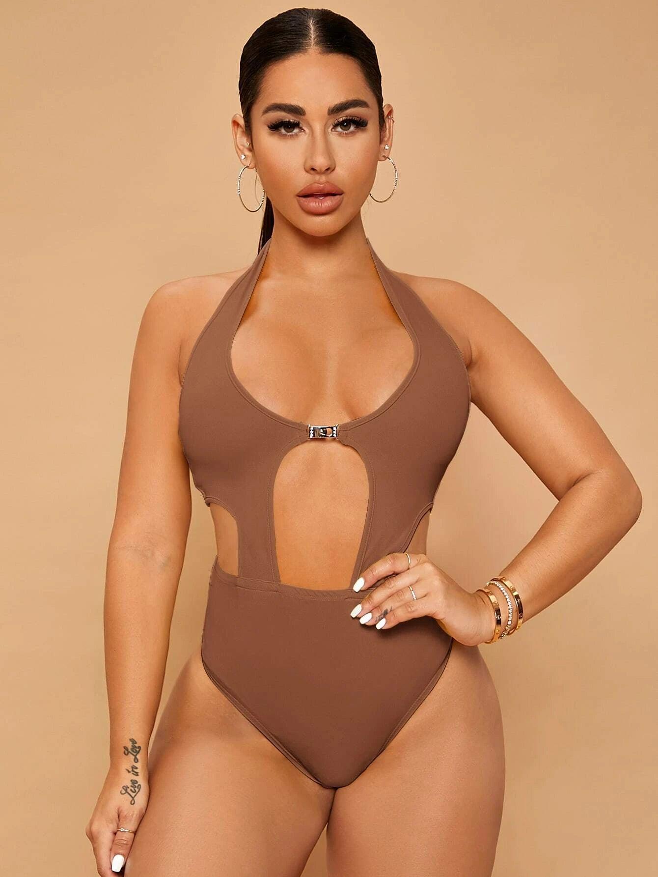 Plain Long Sleeve Halter Bodysuit-Comfy Jumpsuits