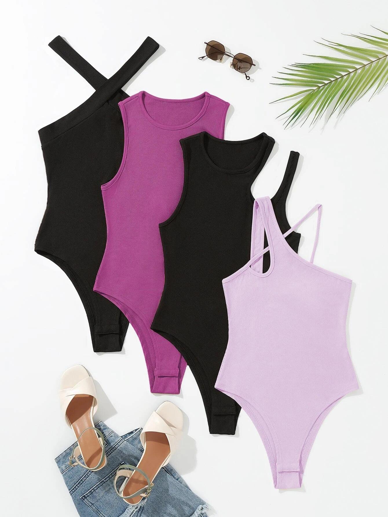 4 Pieces Asymmetrical Neck Cut Out Bodysuit-Comfy Jumpsuits