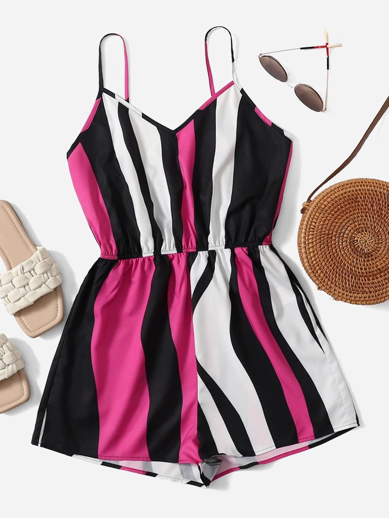 Deep V Neck Striped Cami Romper-Comfy Jumpsuits