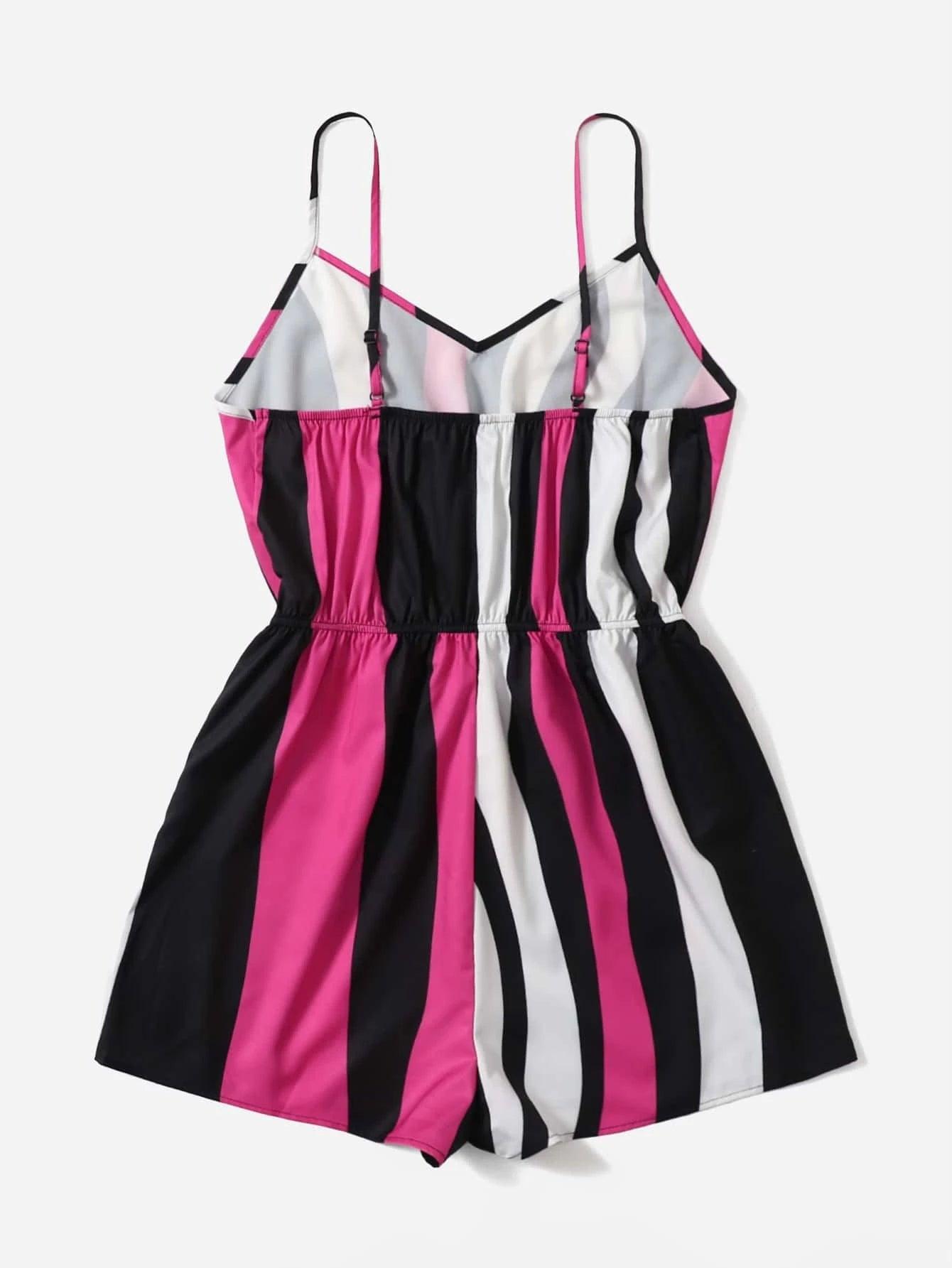 Deep V Neck Striped Cami Romper-Comfy Jumpsuits