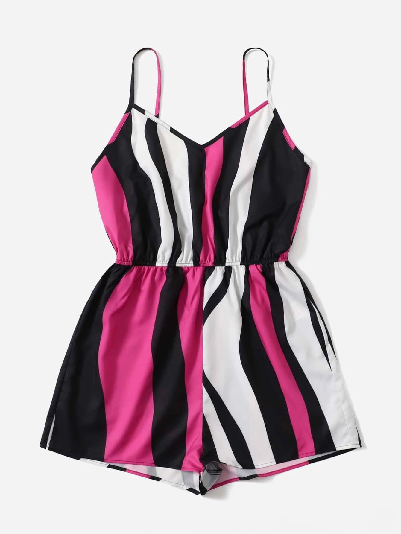 Deep V Neck Striped Cami Romper-Comfy Jumpsuits