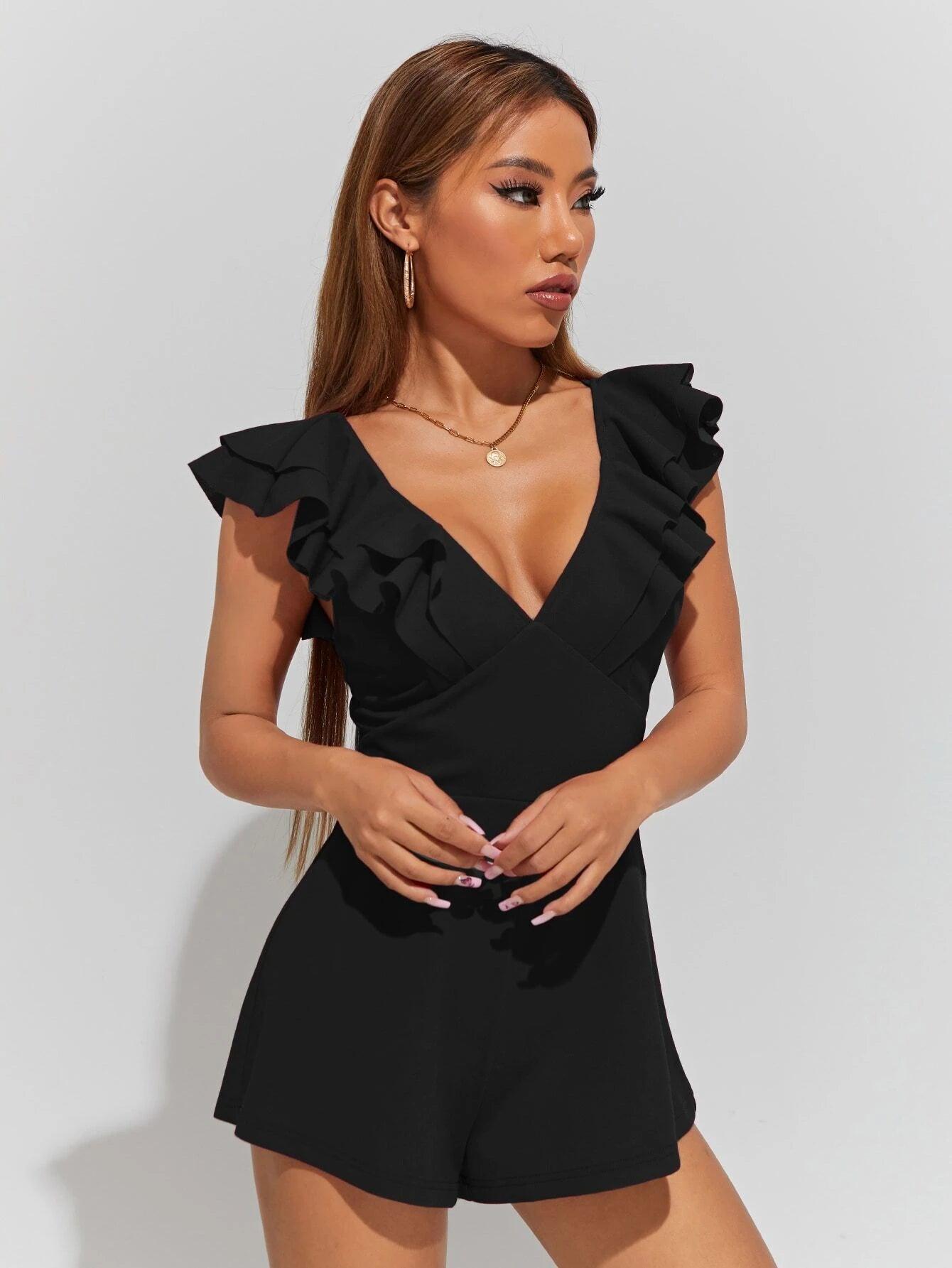 V Neck Ruffle Trim Crisscross Back Romper-Comfy Jumpsuits