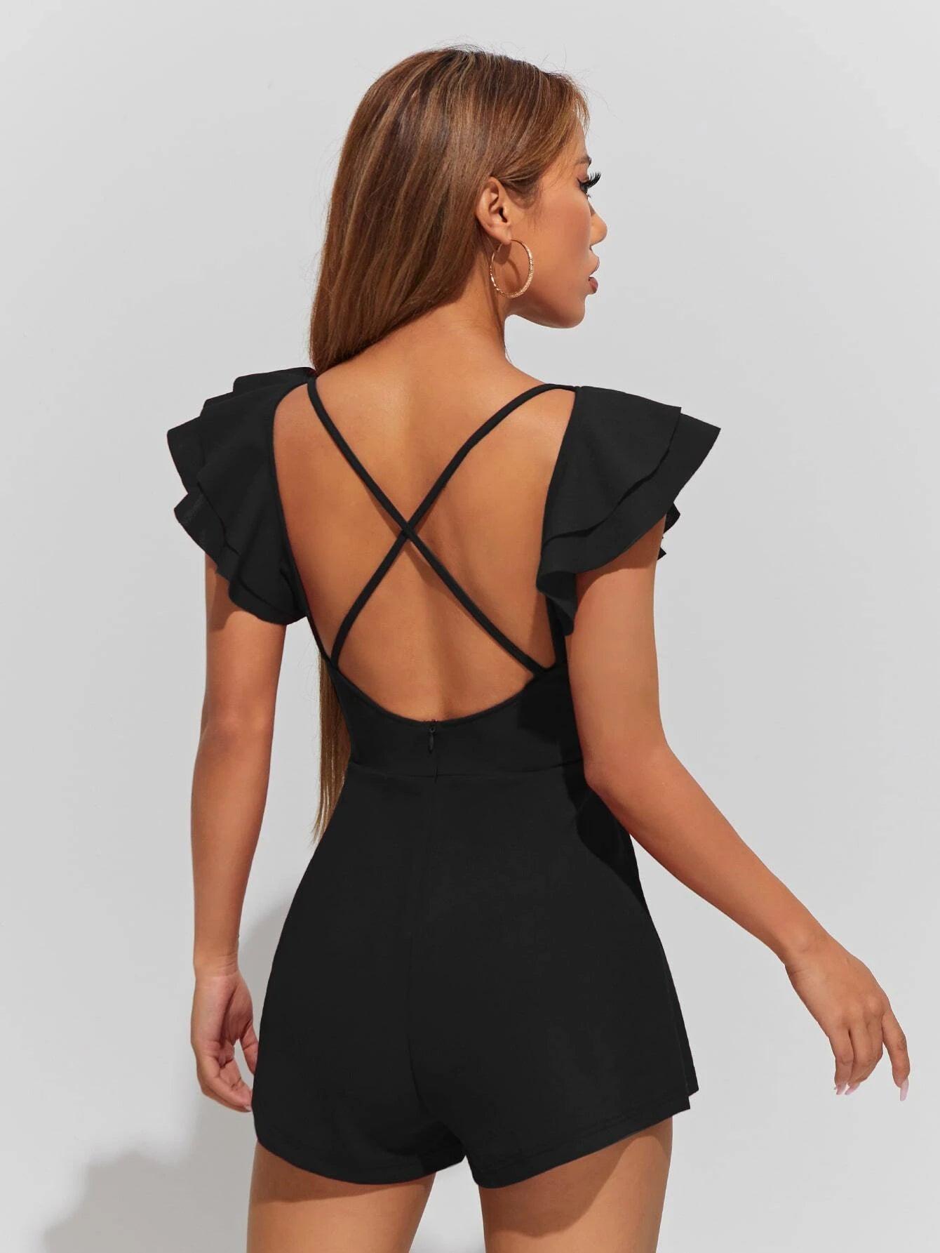 V Neck Ruffle Trim Crisscross Back Romper-Comfy Jumpsuits