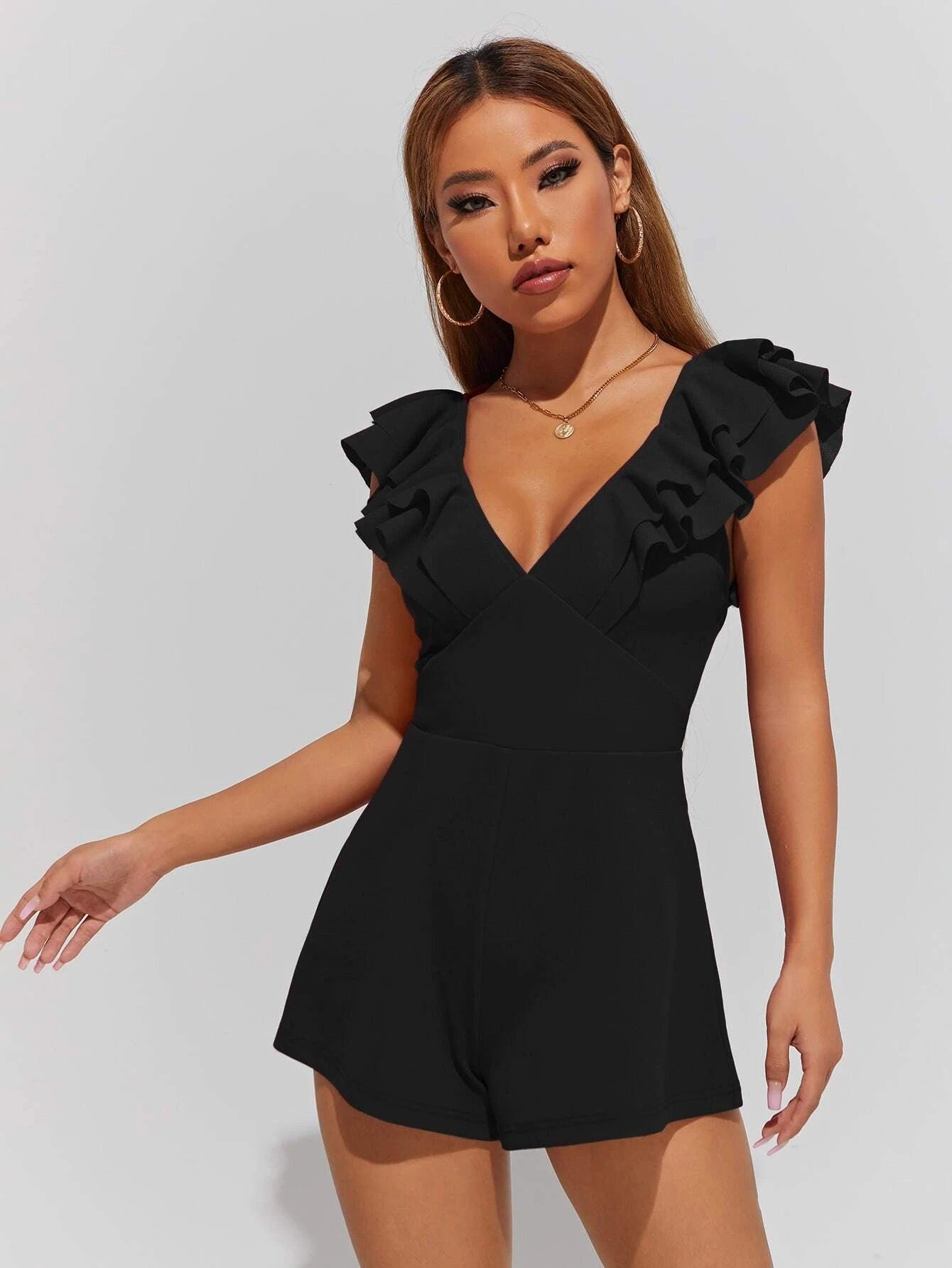 V Neck Ruffle Trim Crisscross Back Romper-Comfy Jumpsuits