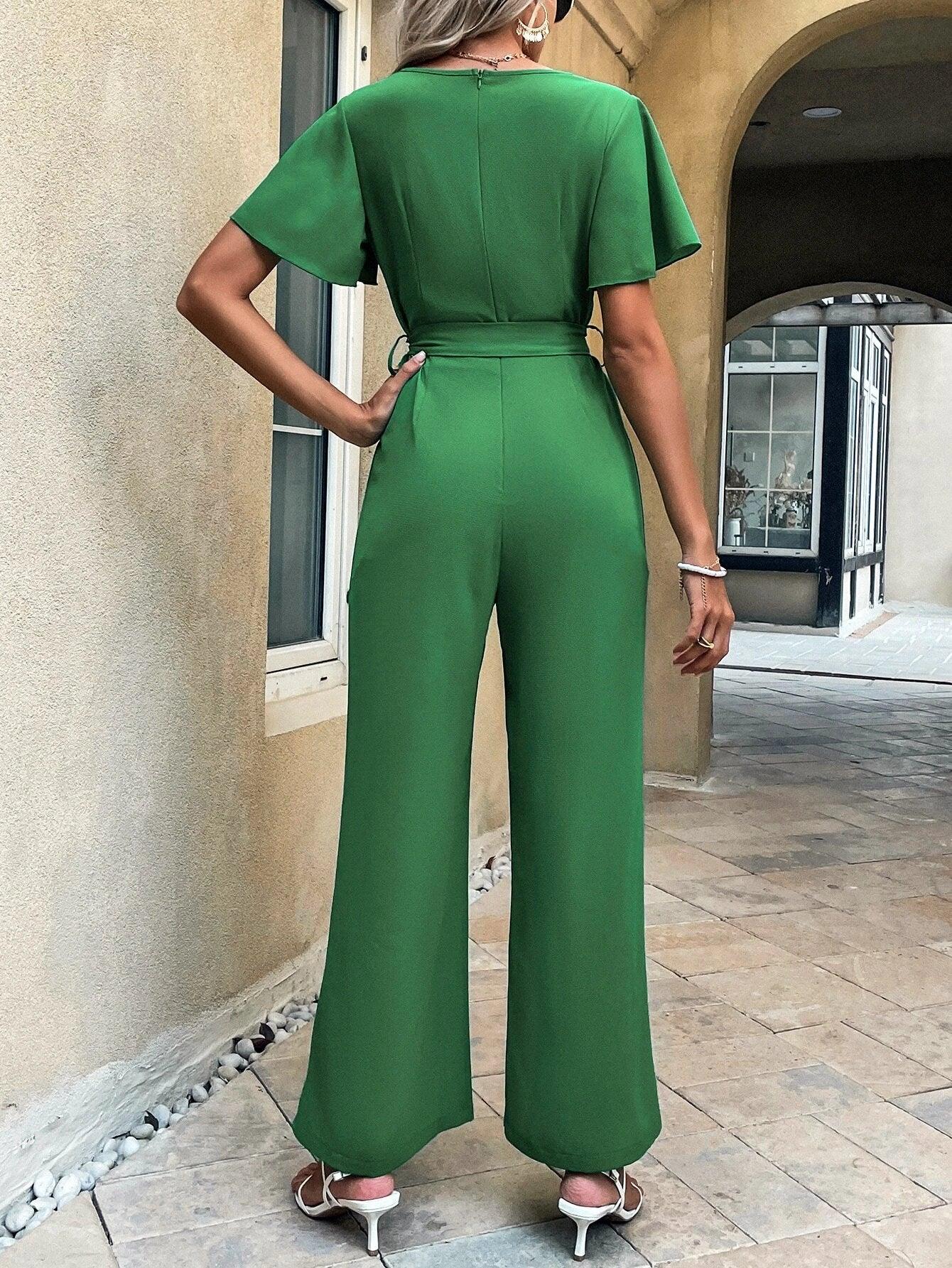 Butterfly Sleeve Belted Jumpsuit-Comfy Jumpsuits