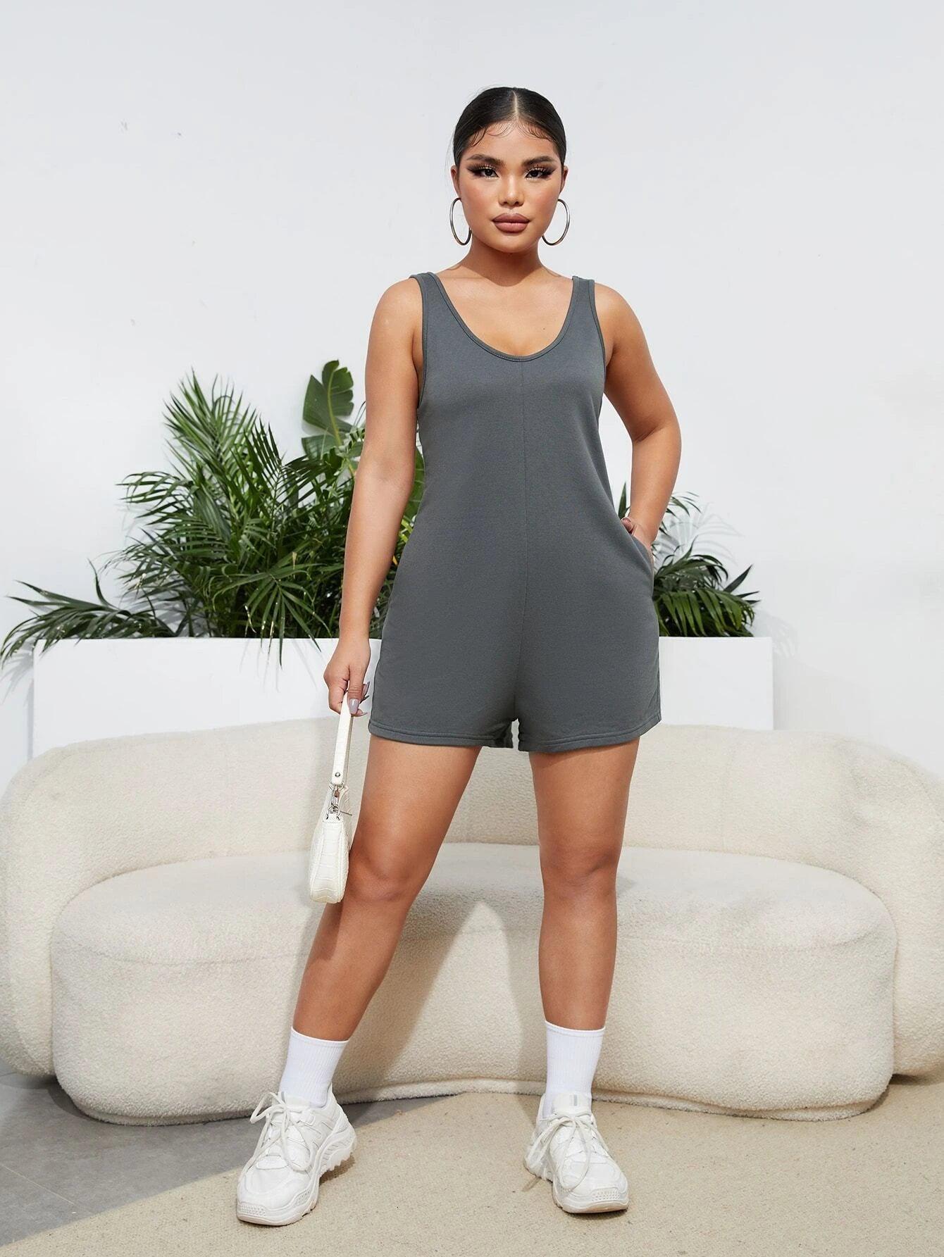 Scoop Neck Open Back Romper-Comfy Jumpsuits