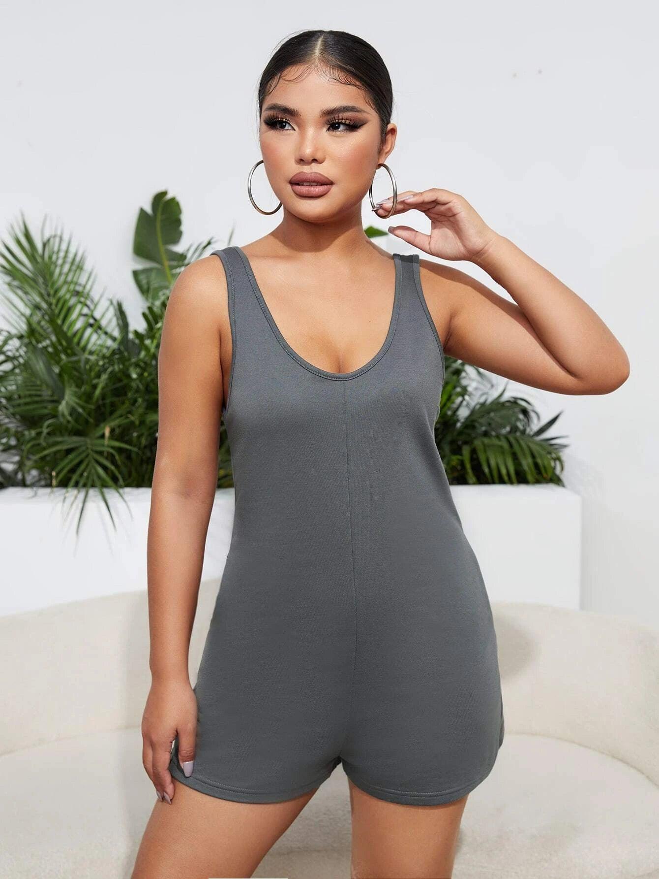 Scoop Neck Open Back Romper-Comfy Jumpsuits