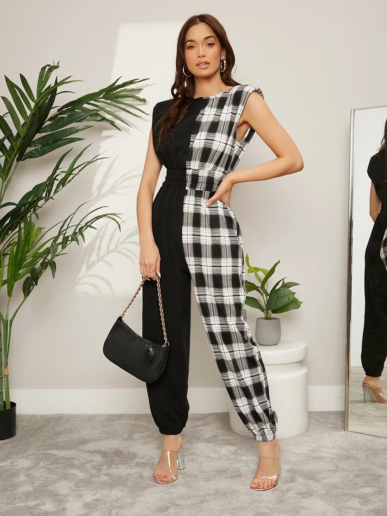 Plaid Spliced Padded Shoulder Jumpsuit-Comfy Jumpsuits