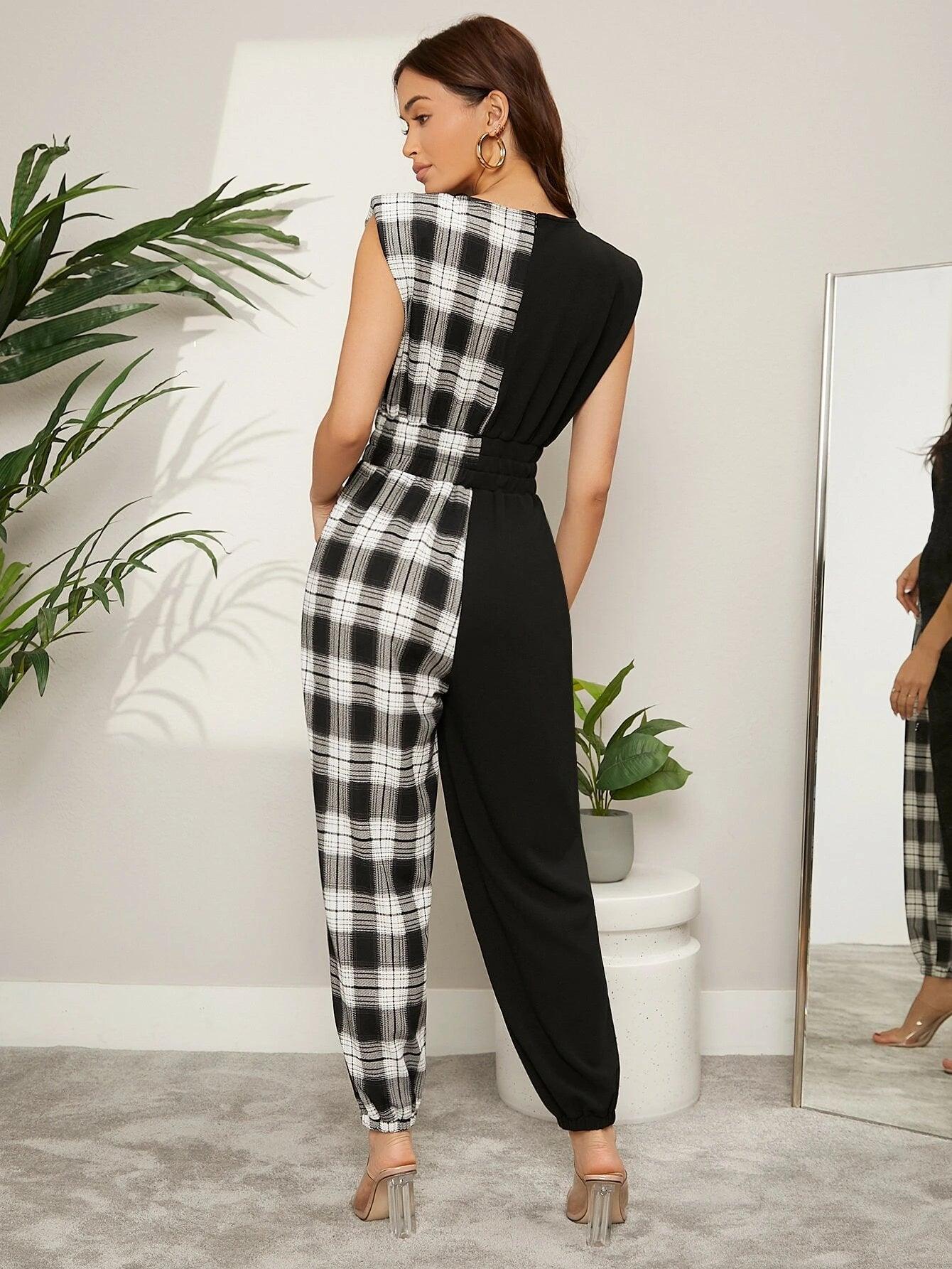 Plaid Spliced Padded Shoulder Jumpsuit-Comfy Jumpsuits