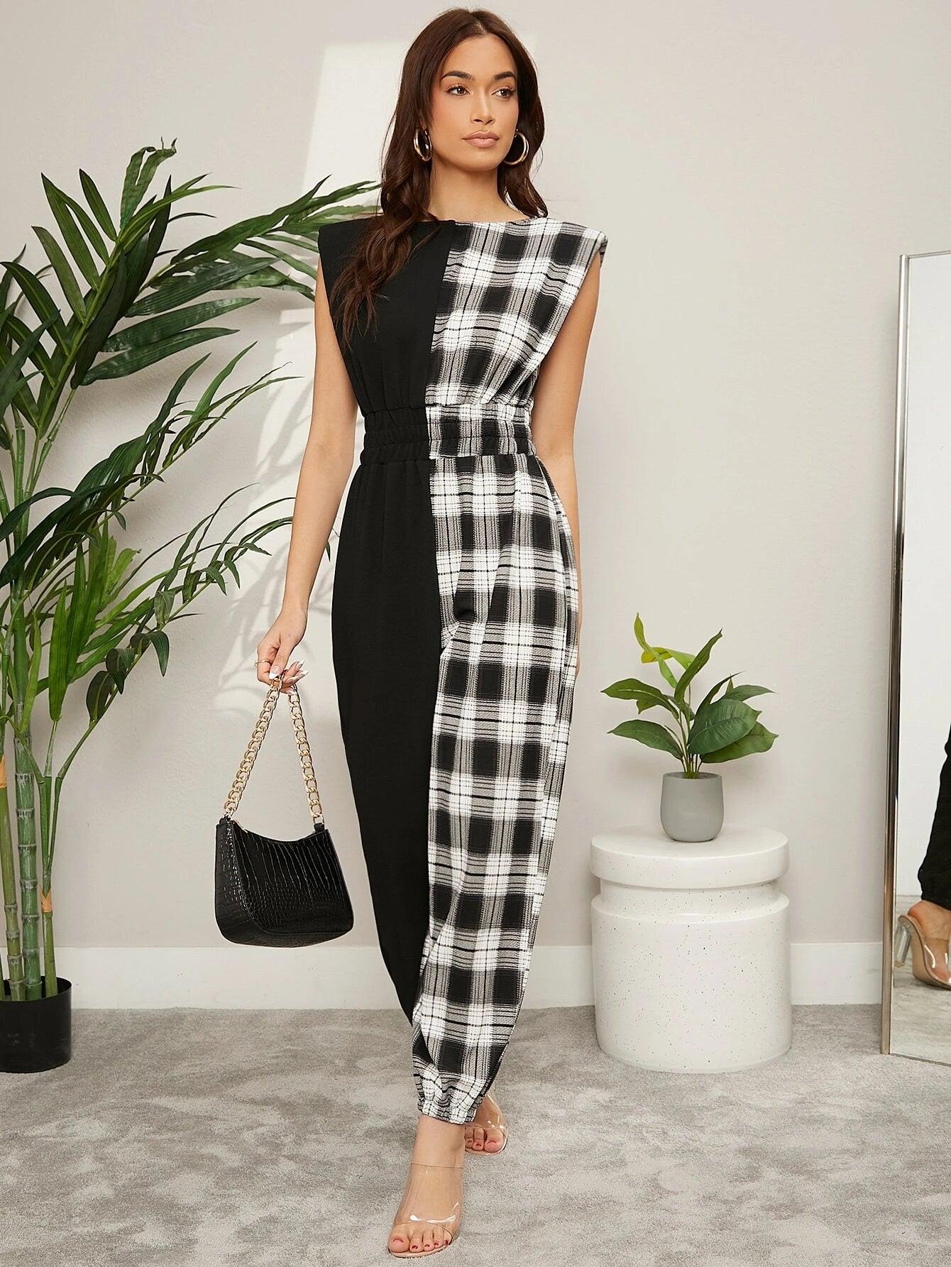 Plaid Spliced Padded Shoulder Jumpsuit-Comfy Jumpsuits