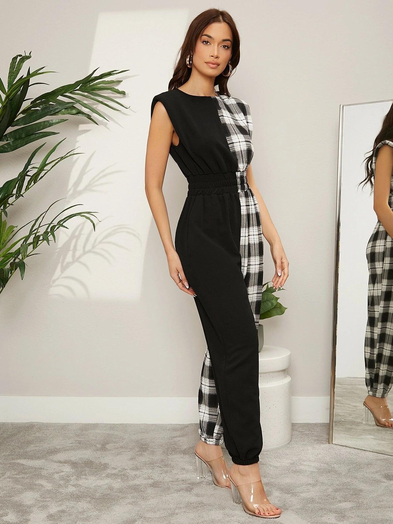 Plaid Spliced Padded Shoulder Jumpsuit-Comfy Jumpsuits