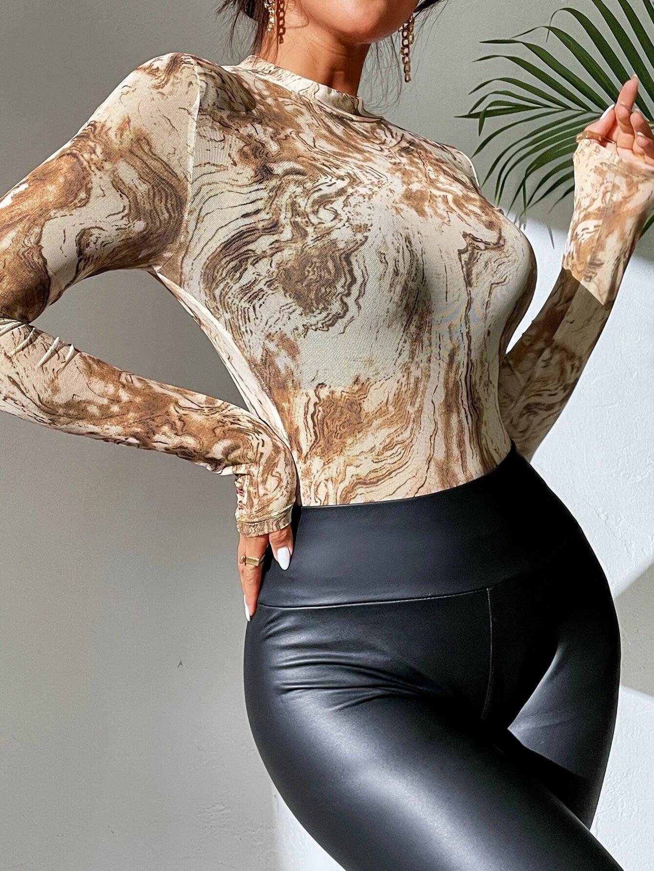 Mesh Stand Collar Bodysuit-Comfy Jumpsuits