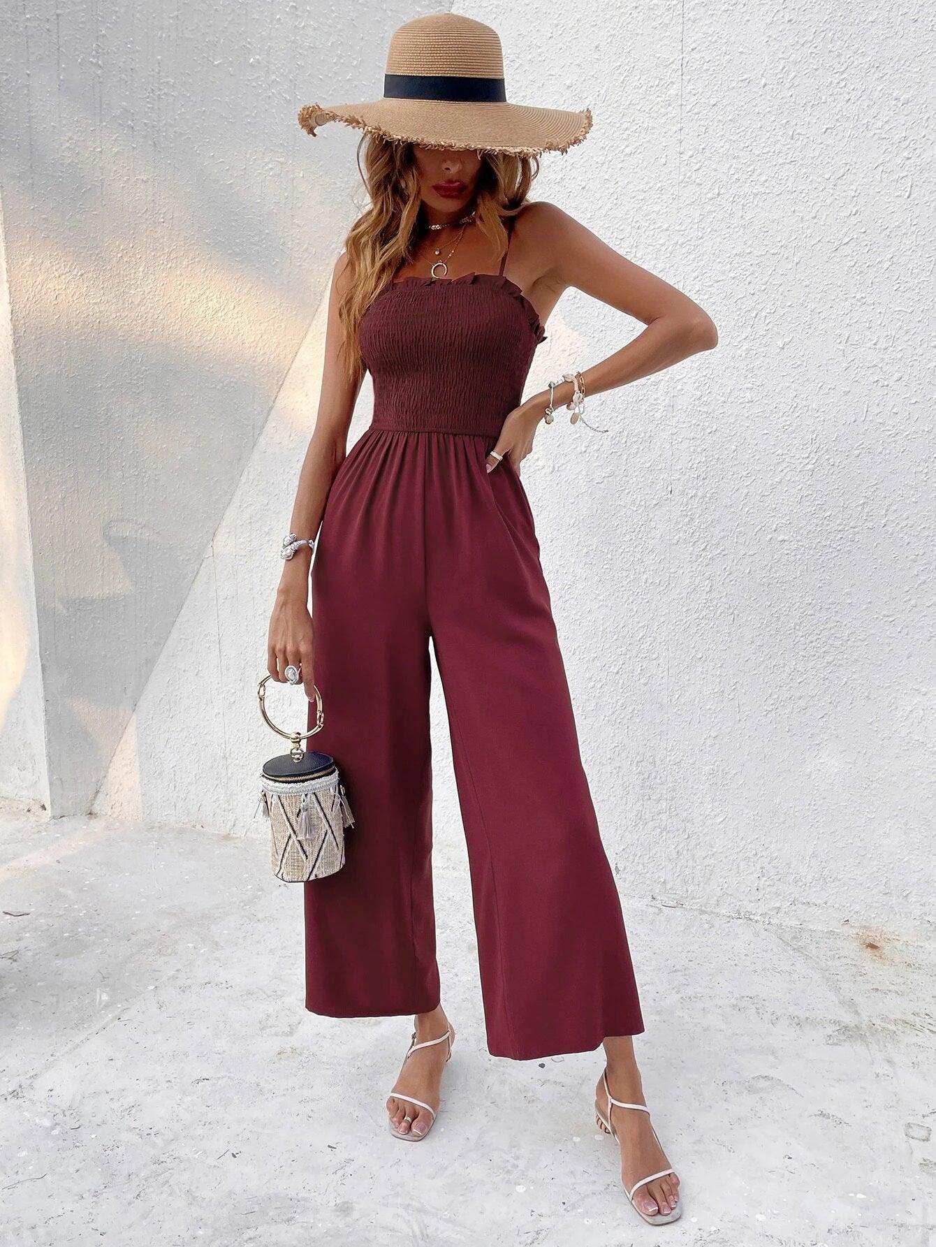 Frill Trim Shirred Cami Jumpsuit-Comfy Jumpsuits