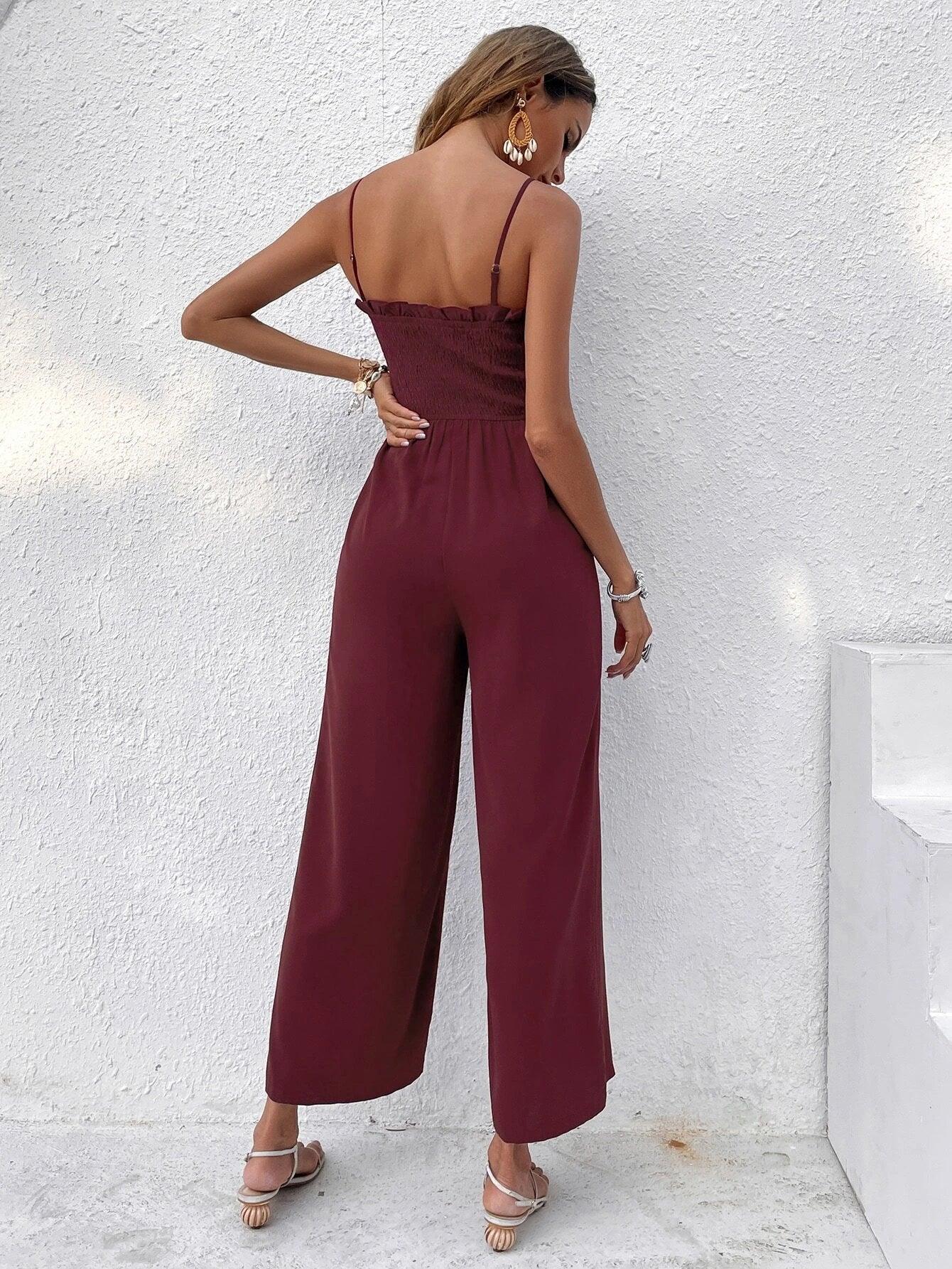 Frill Trim Shirred Cami Jumpsuit-Comfy Jumpsuits