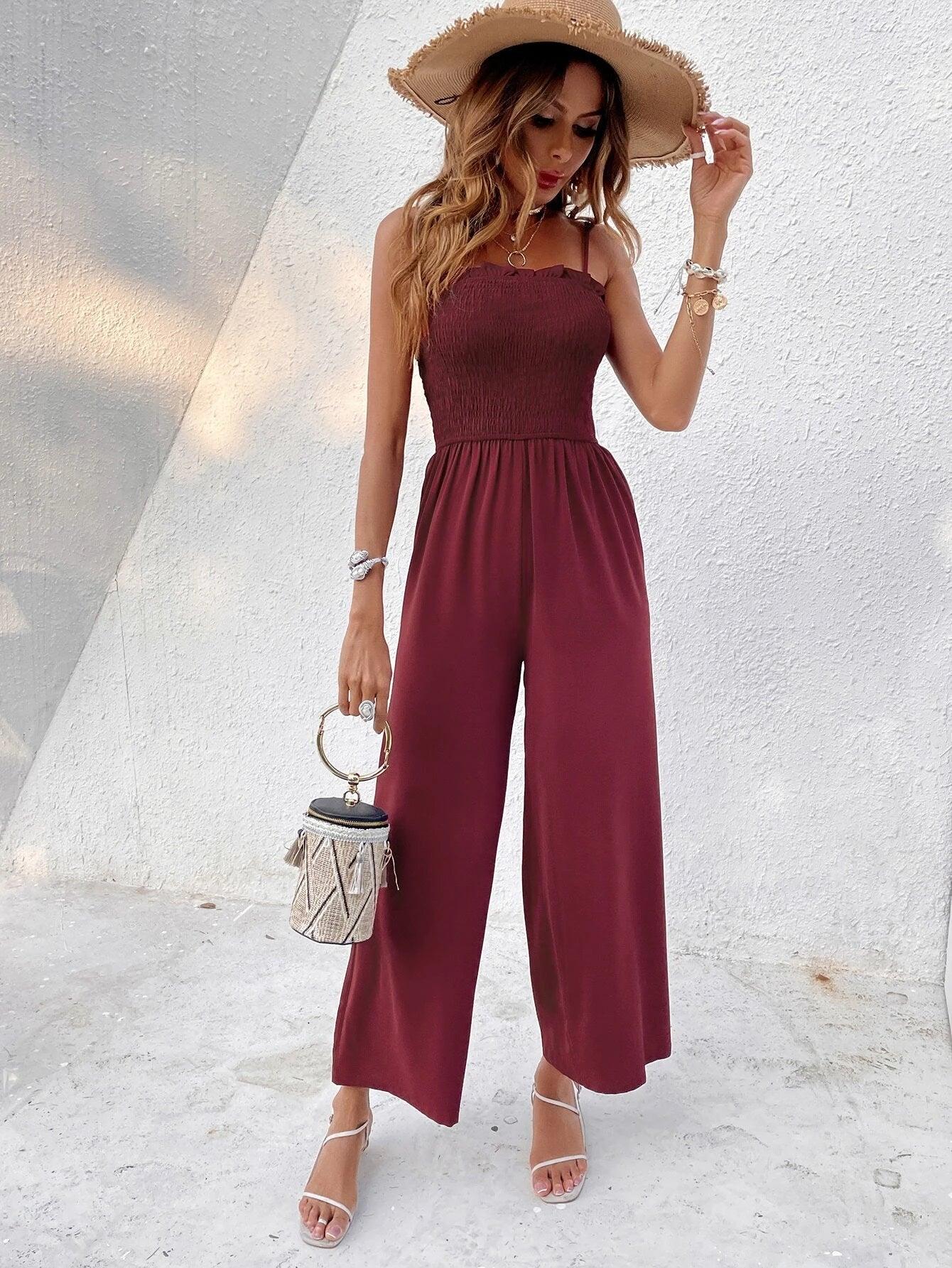 Frill Trim Shirred Cami Jumpsuit-Comfy Jumpsuits