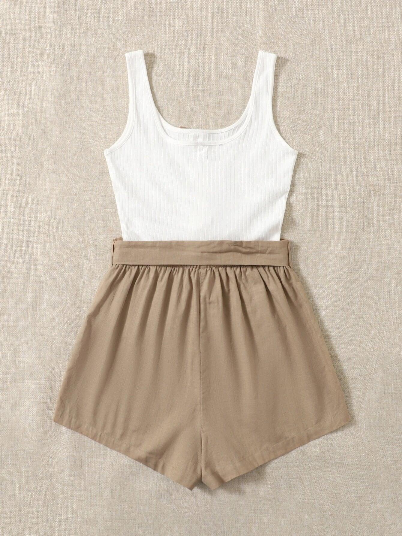 Button Front Belted Combo Tank Romper-Comfy Jumpsuits