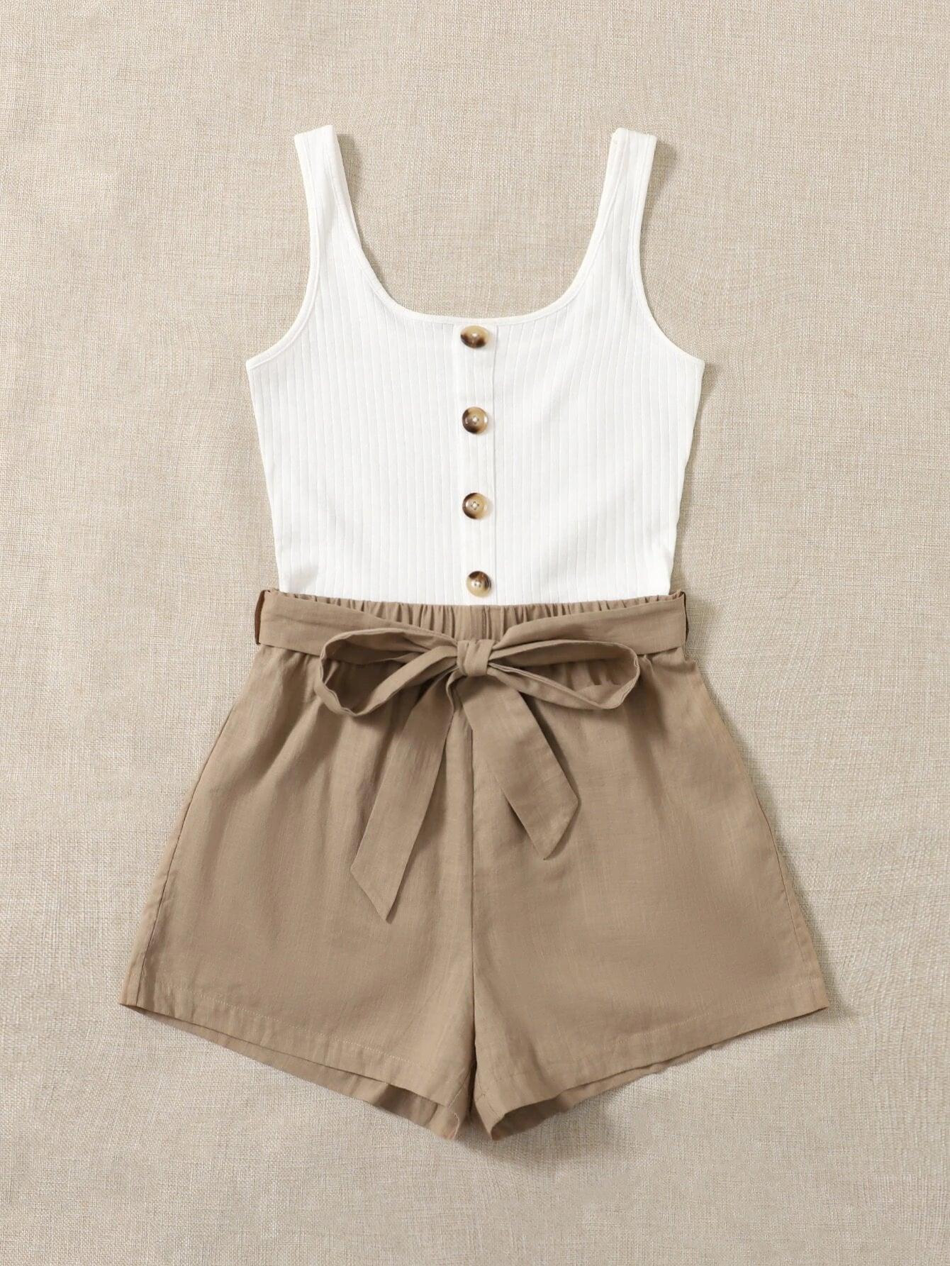 Button Front Belted Combo Tank Romper-Comfy Jumpsuits