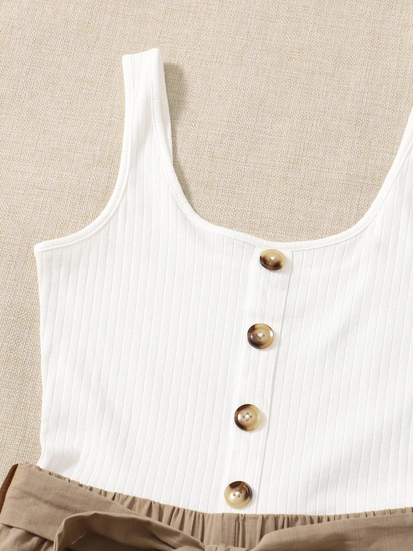 Button Front Belted Combo Tank Romper-Comfy Jumpsuits