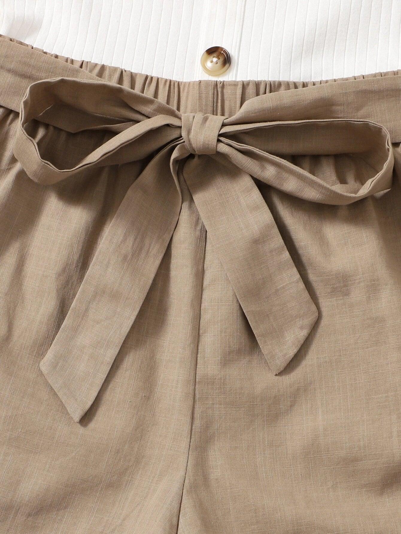 Button Front Belted Combo Tank Romper-Comfy Jumpsuits