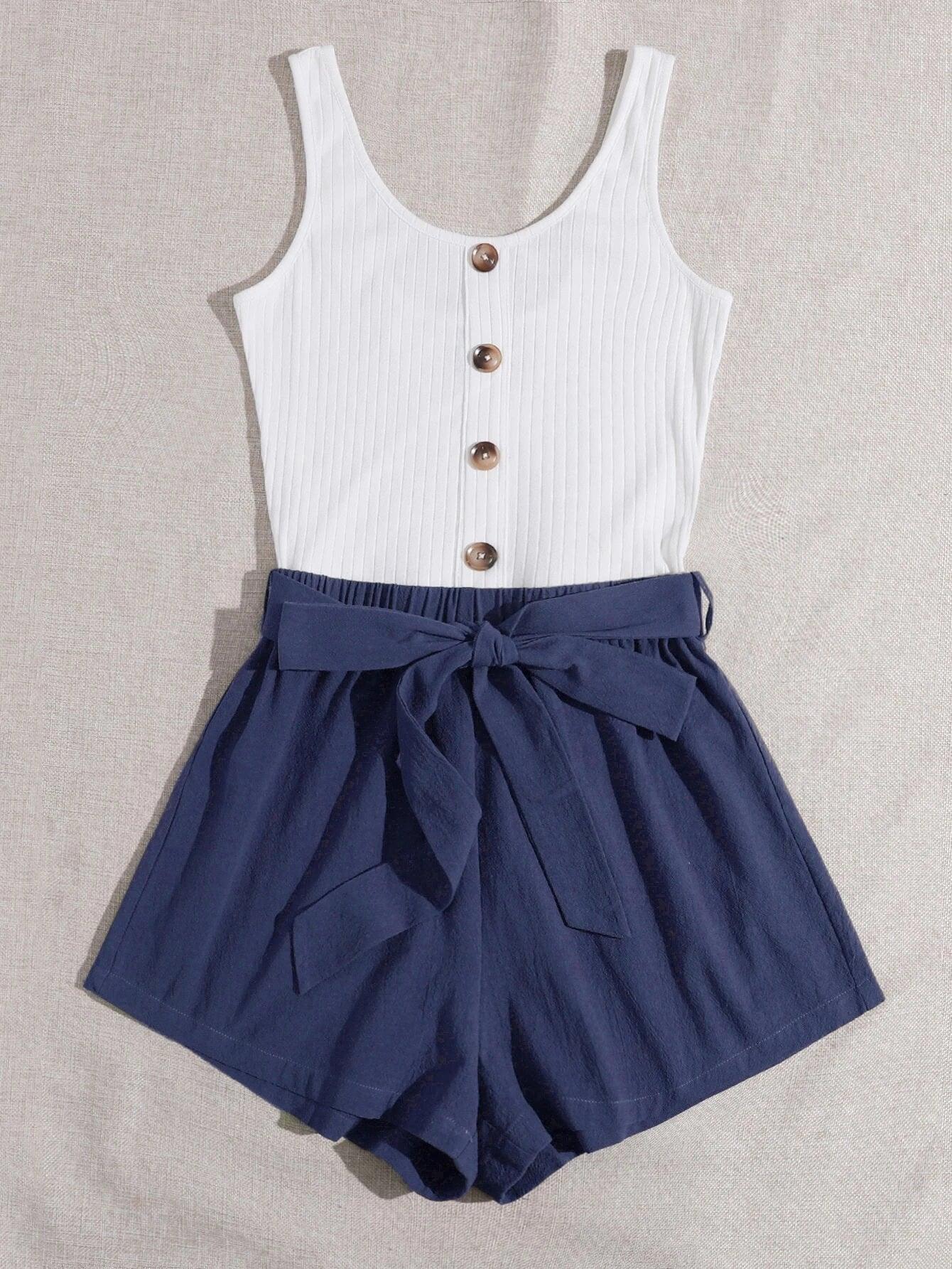 Button Front Belted Combo Tank Romper-Comfy Jumpsuits