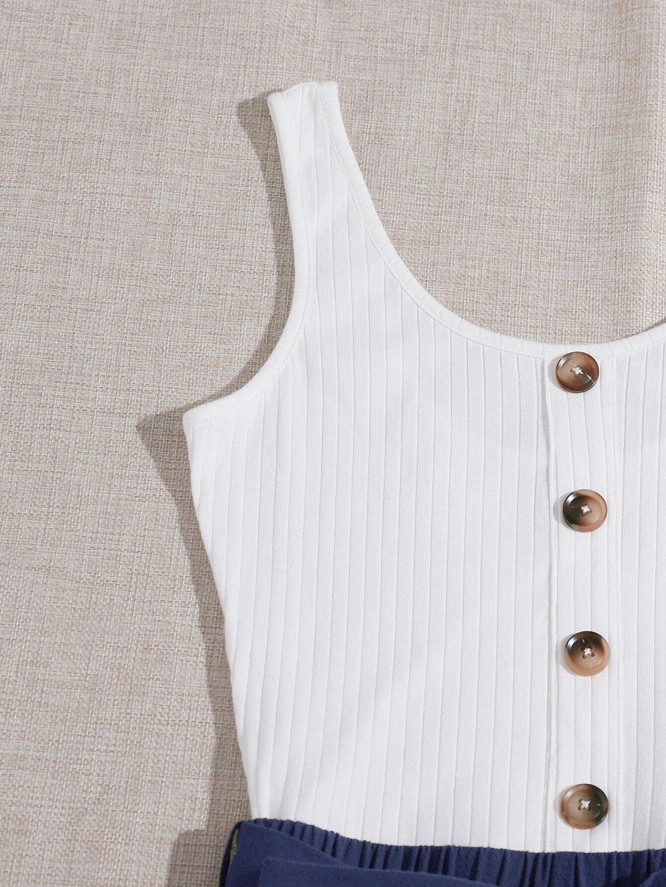 Button Front Belted Combo Tank Romper-Comfy Jumpsuits