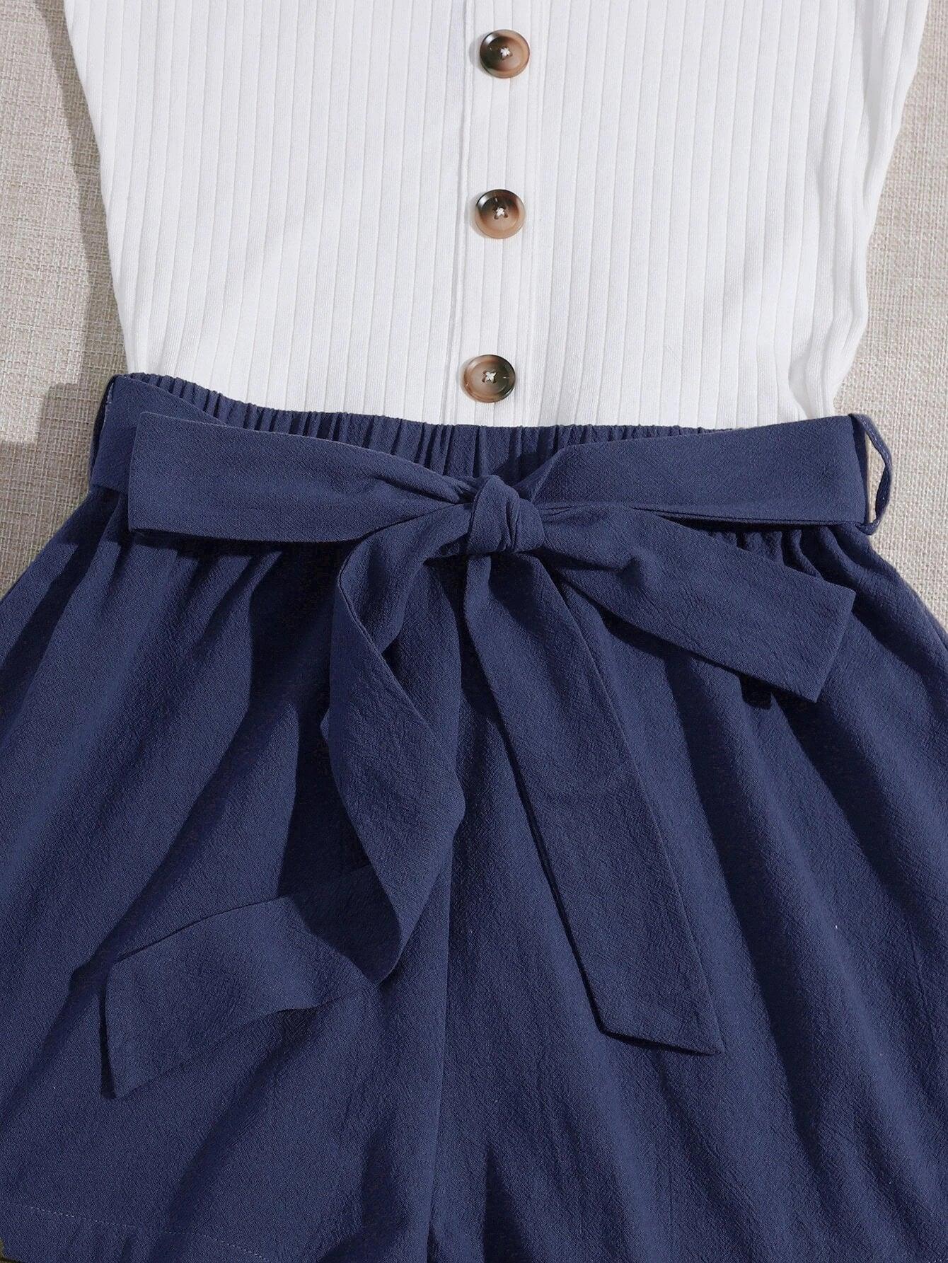 Button Front Belted Combo Tank Romper-Comfy Jumpsuits