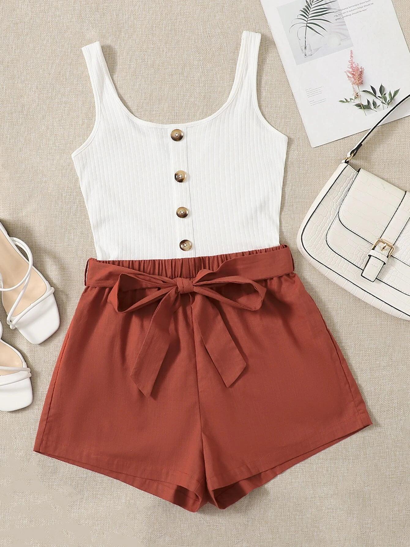 Button Front Belted Combo Tank Romper-Comfy Jumpsuits