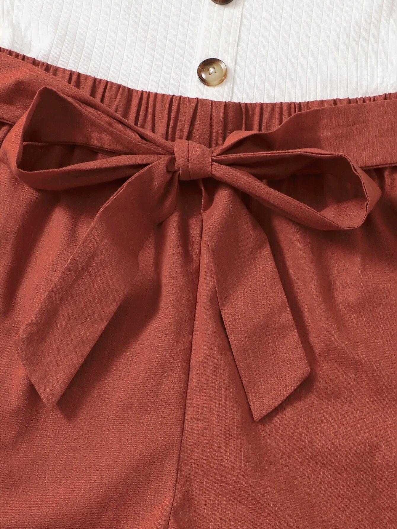 Button Front Belted Combo Tank Romper-Comfy Jumpsuits