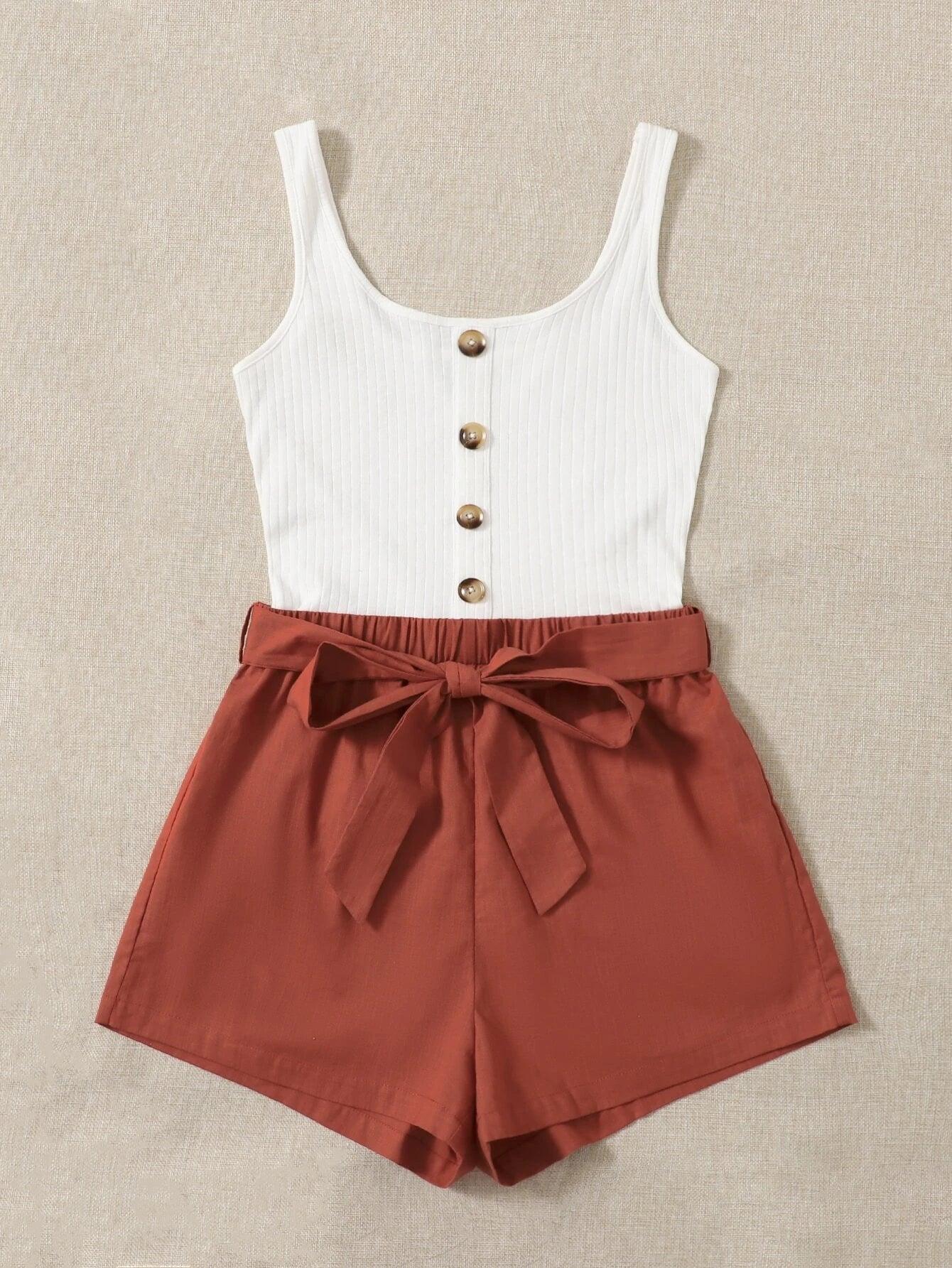 Button Front Belted Combo Tank Romper-Comfy Jumpsuits