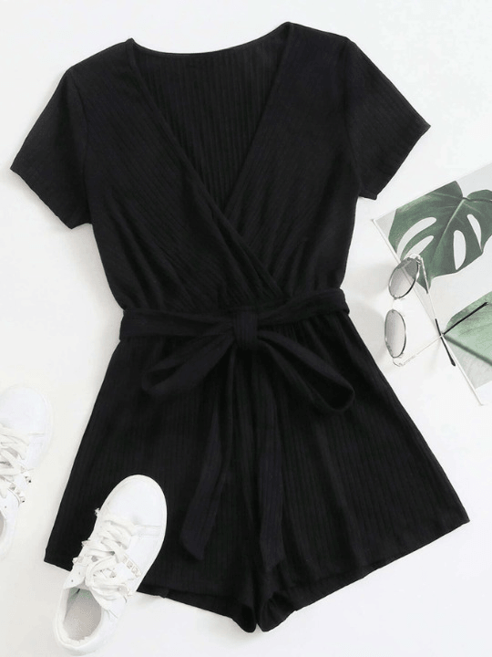 Plus Surplice Neck Belted Romper-Comfy Jumpsuits