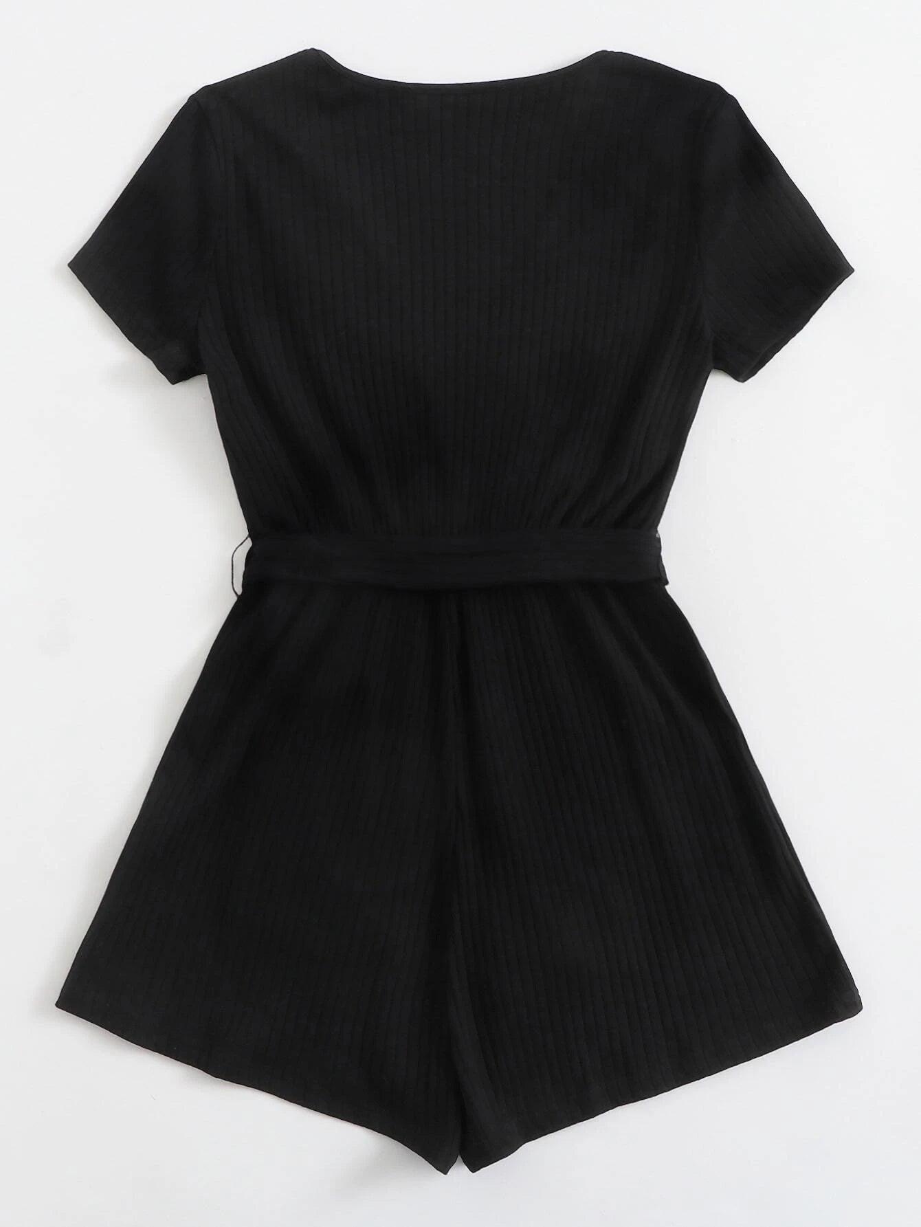 Plus Surplice Neck Belted Romper-Comfy Jumpsuits