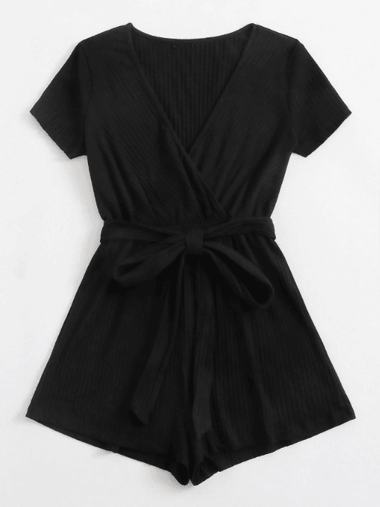 Plus Surplice Neck Belted Romper-Comfy Jumpsuits
