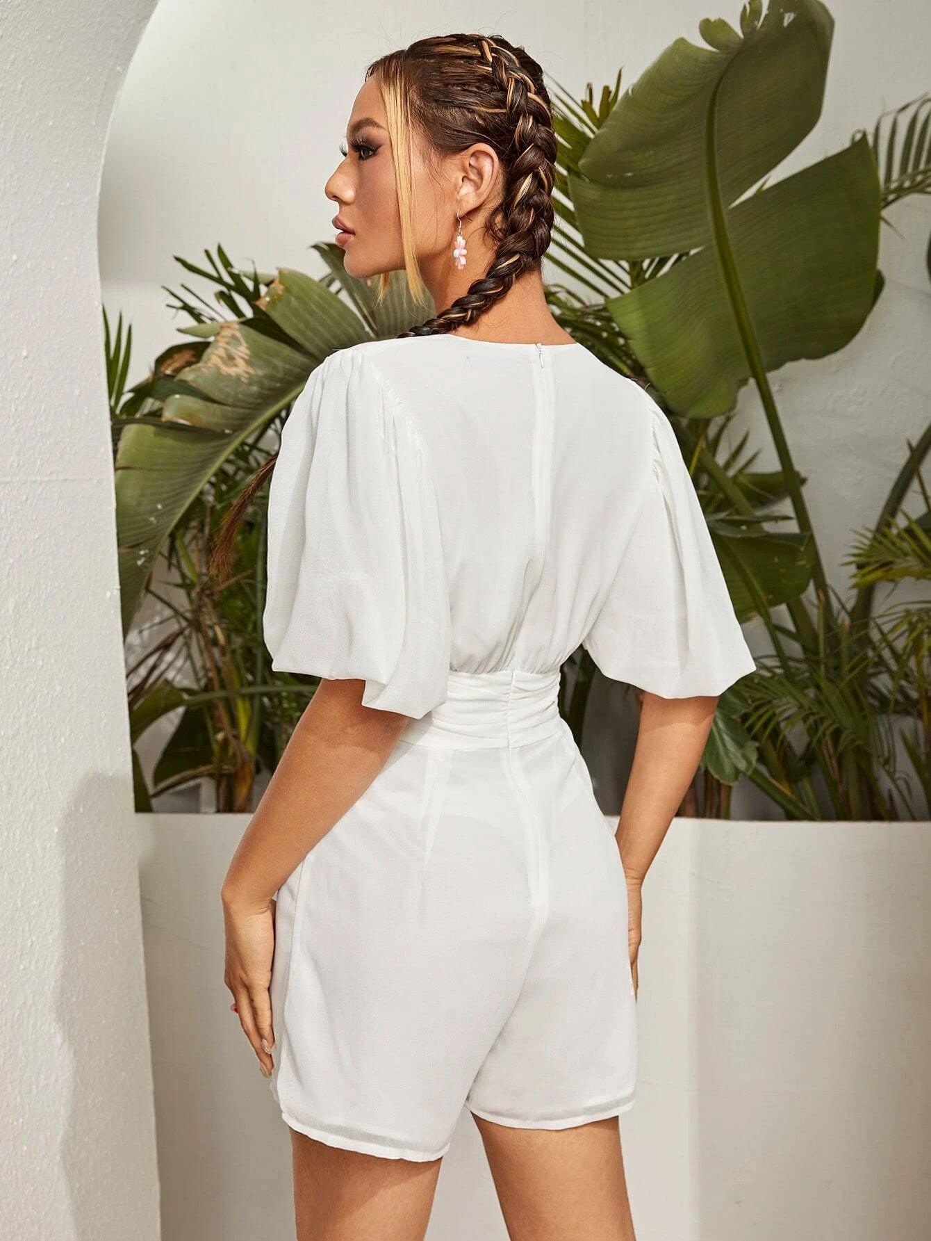 Puff Sleeve High Waist Romper-Comfy Jumpsuits