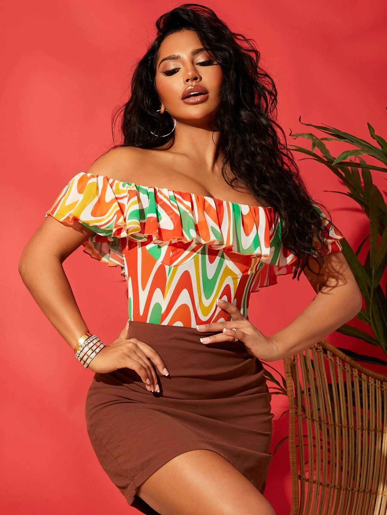 Off The Shoulder Foldover Waves Print Bodysuit-Comfy Jumpsuits