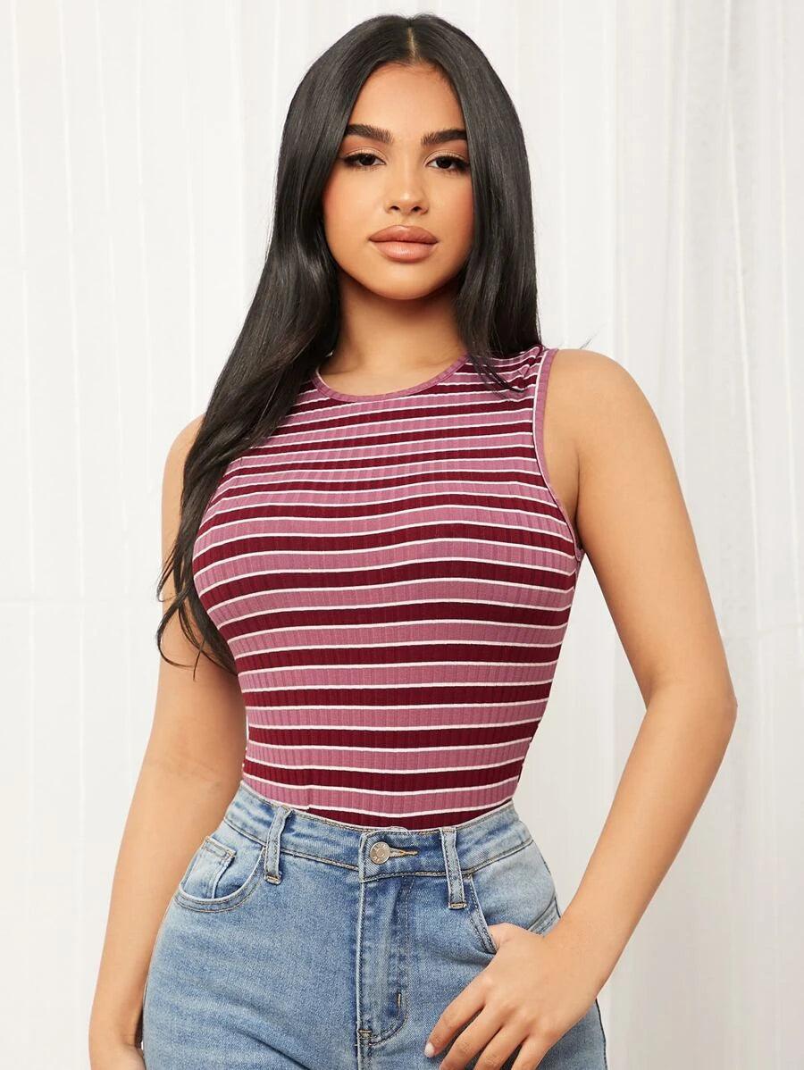 Striped Tank Bodysuit-Comfy Jumpsuits