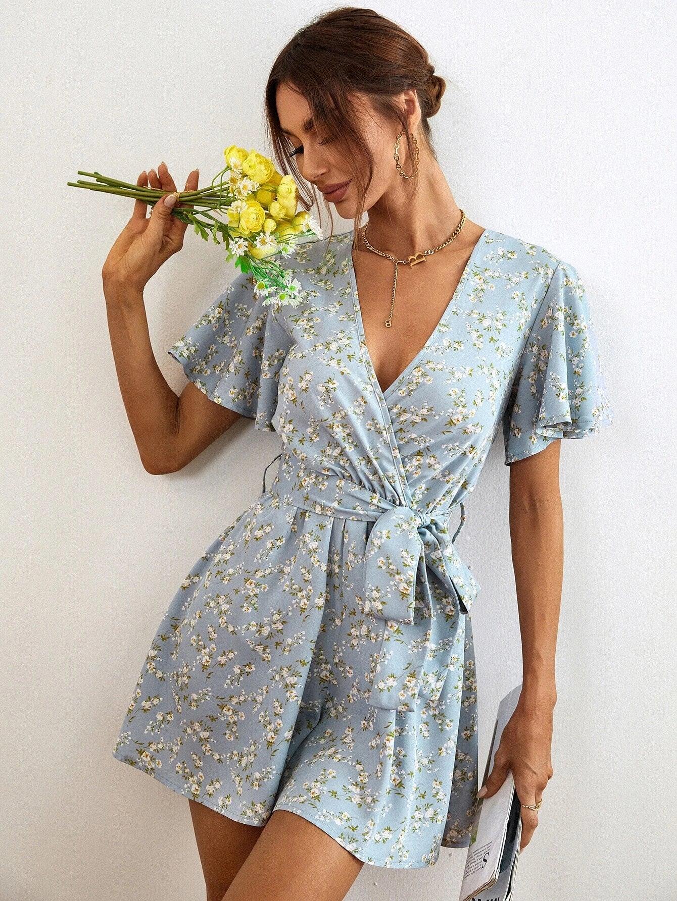 Floral Print Sleeve Belted Romper-Comfy Jumpsuits