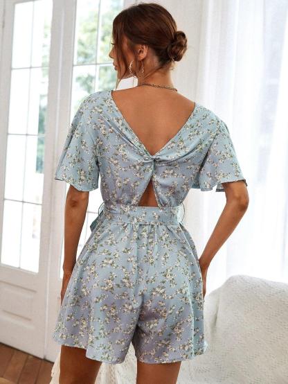 Floral Print Sleeve Belted Romper-Comfy Jumpsuits