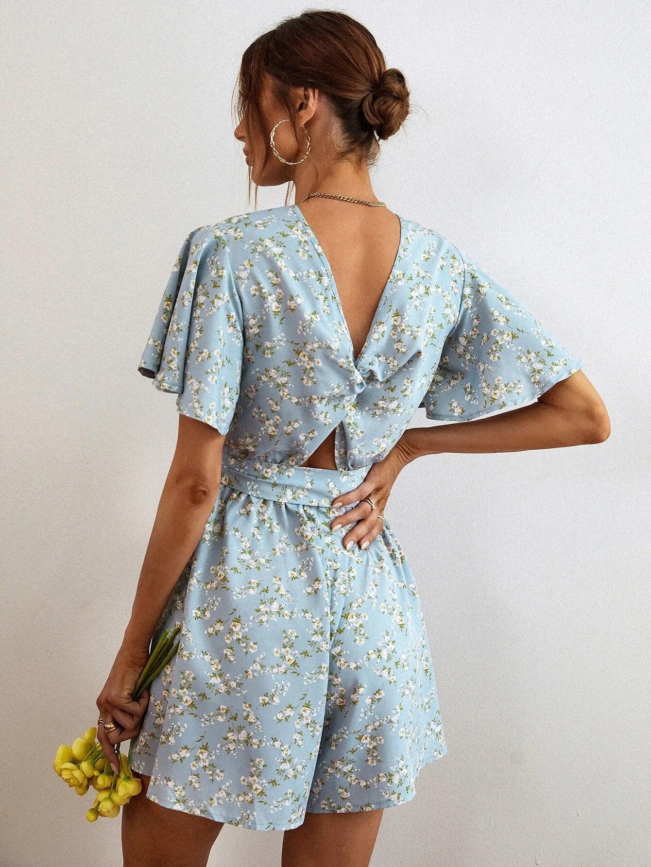 Floral Print Sleeve Belted Romper-Comfy Jumpsuits