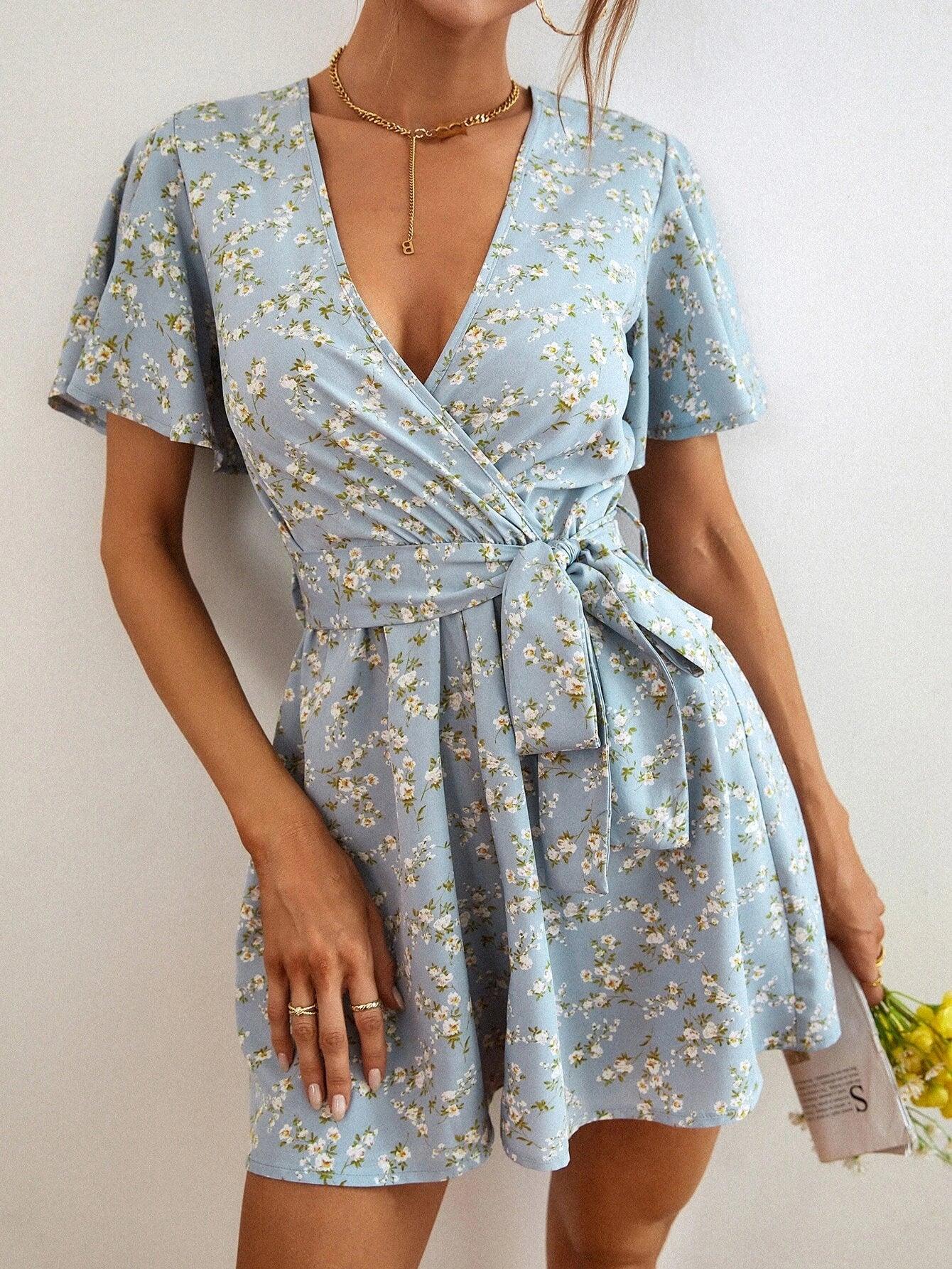 Floral Print Sleeve Belted Romper-Comfy Jumpsuits