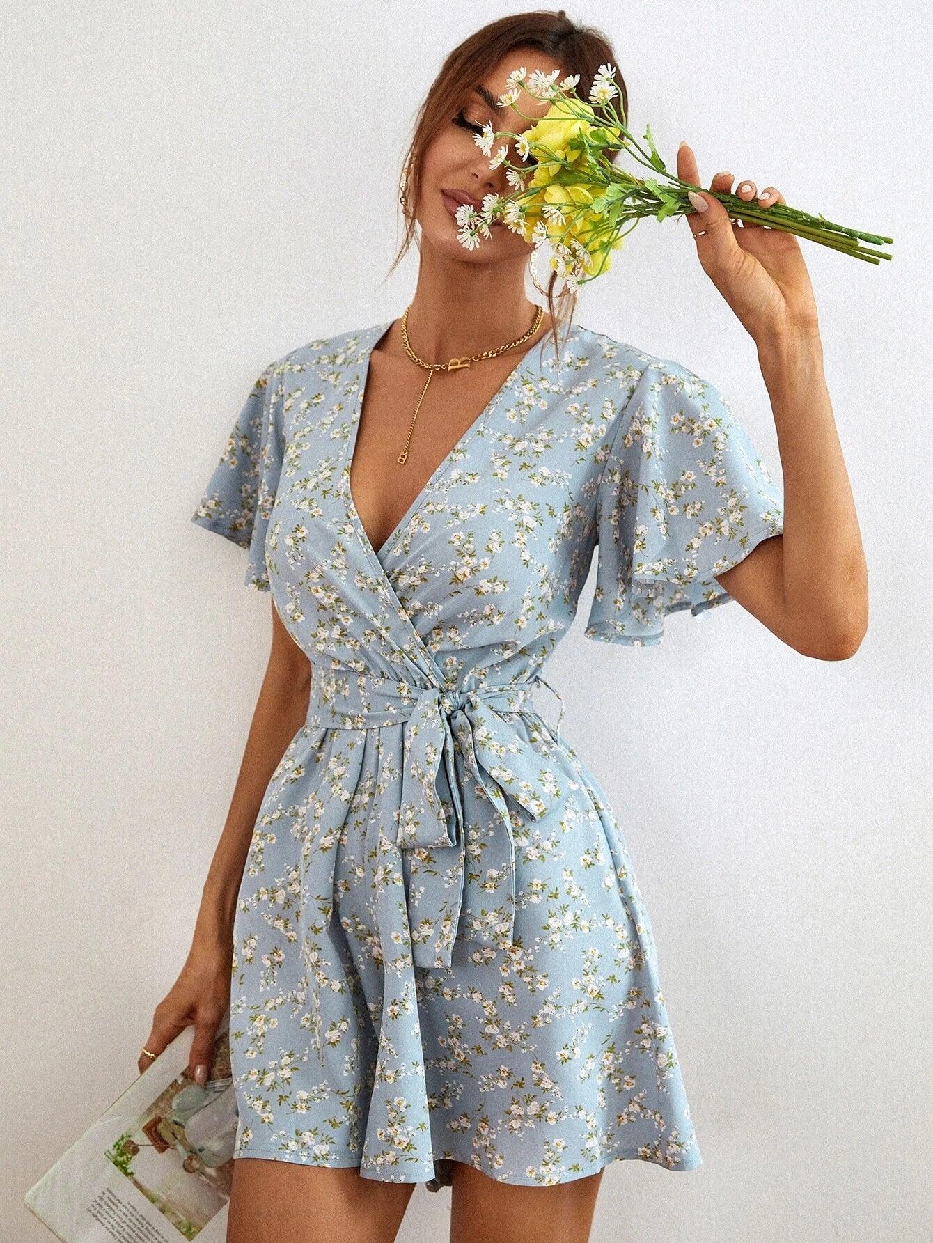 Floral Print Sleeve Belted Romper-Comfy Jumpsuits