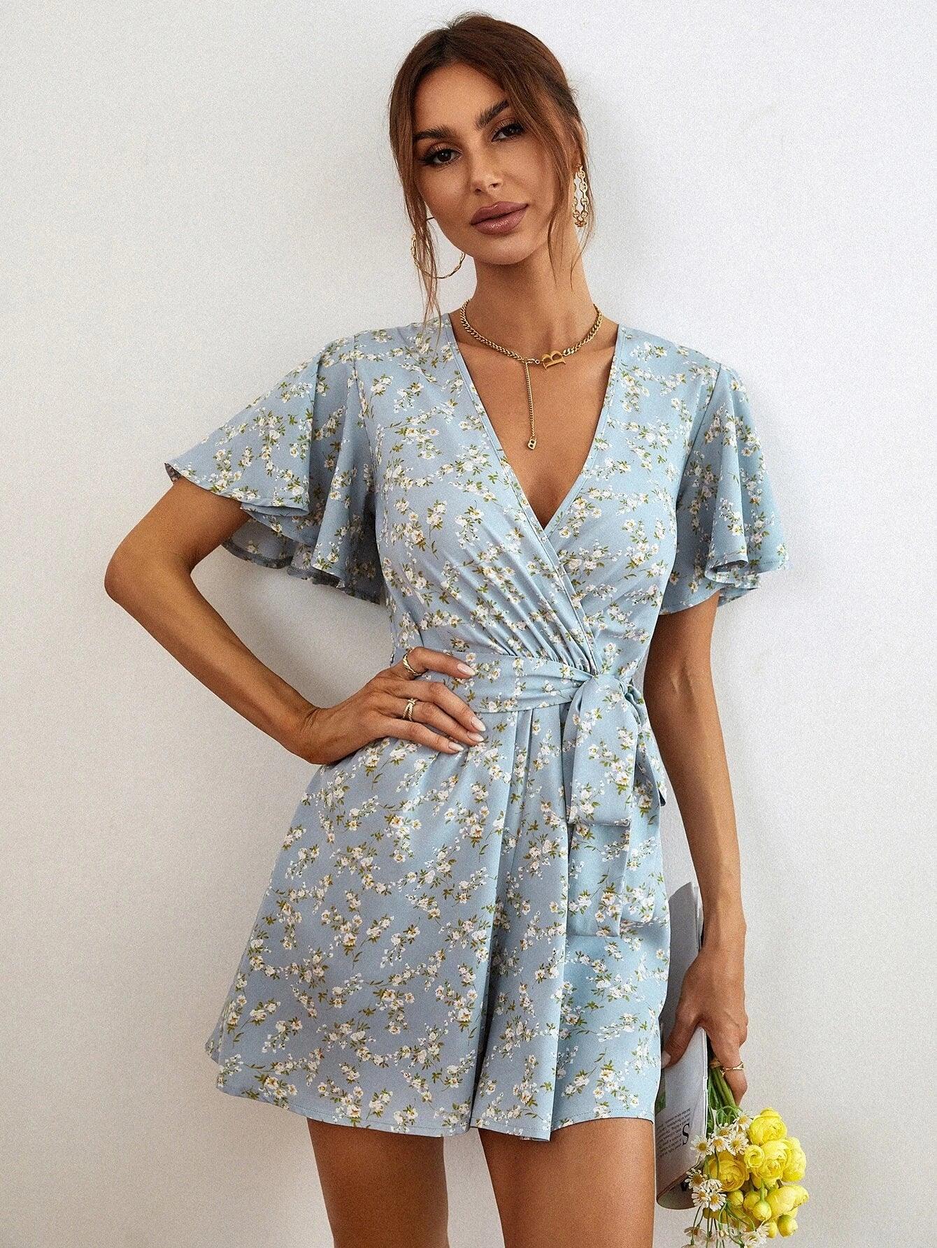 Floral Print Sleeve Belted Romper-Comfy Jumpsuits