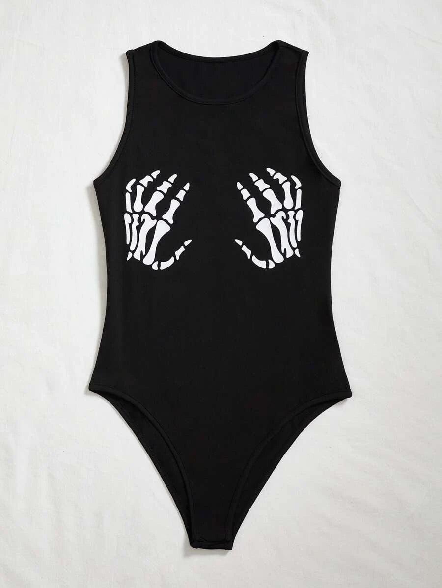 Skeleton Hand Print Tank Bodysuit-Comfy Jumpsuits
